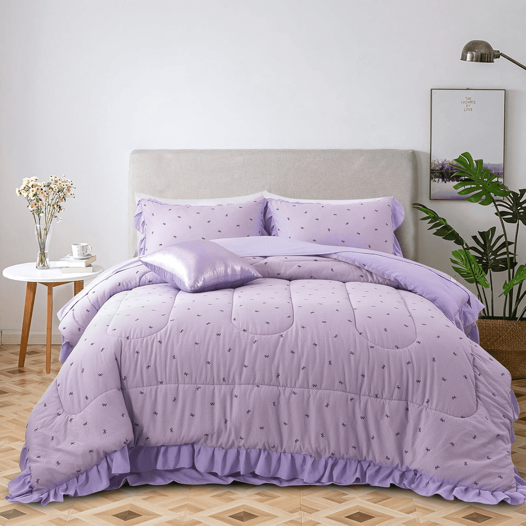All-Season 6 Piece Delicate Bows Purple Bedding Set Ruffle Princess Style Comforter Set Bed in a Bag - Hypoallergenic Ultra-Fluffy Quilt for Winter Detail