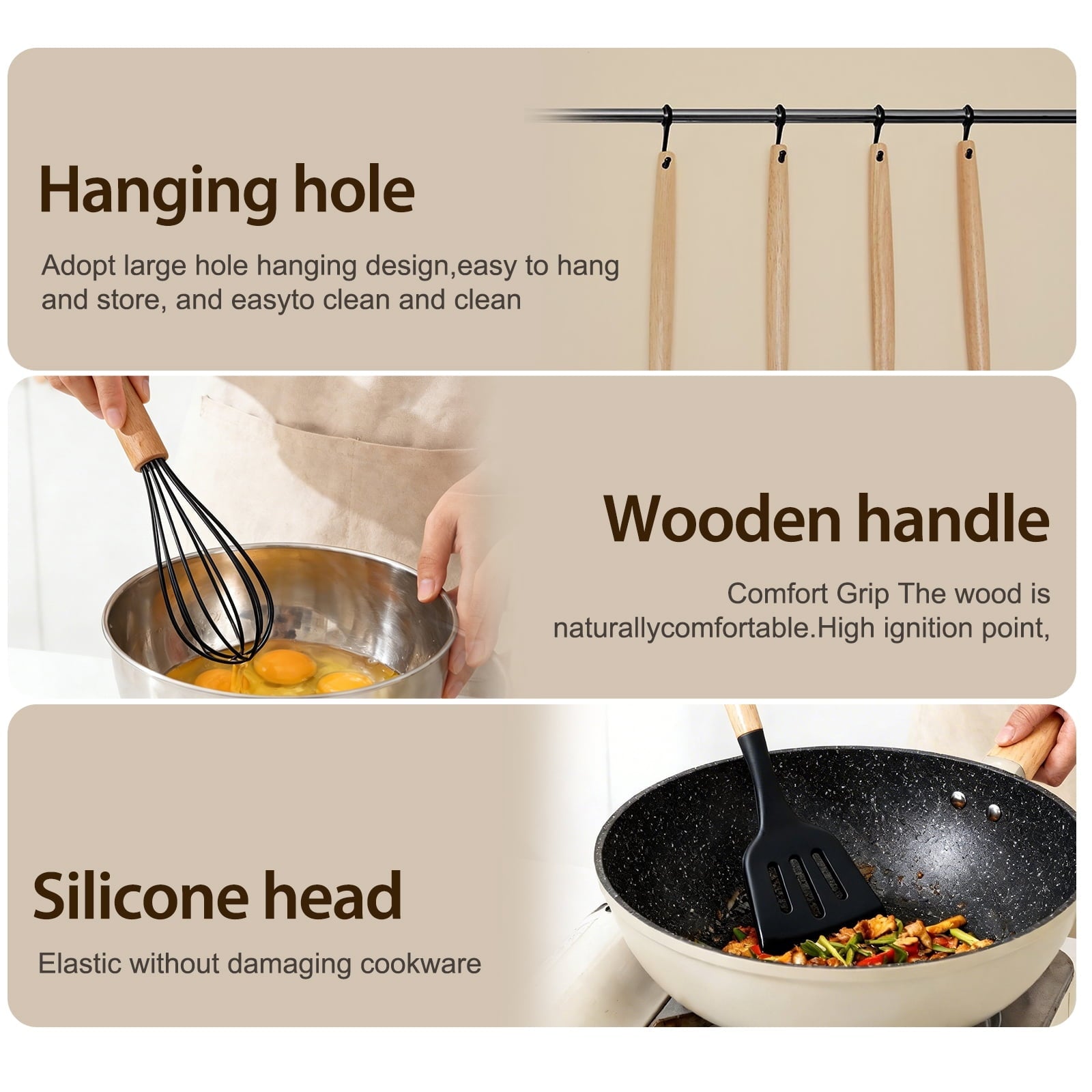 Non-Stick Safe Silicone Cooking Utensils Set, Heat Resistant Kitchen Cooking Utensils Set, 12 PCS Handle Silicone Kitchen Gadgets Ut... - Ergonomic Kitchen Tongs and Cooking Spoon Utensil Detail