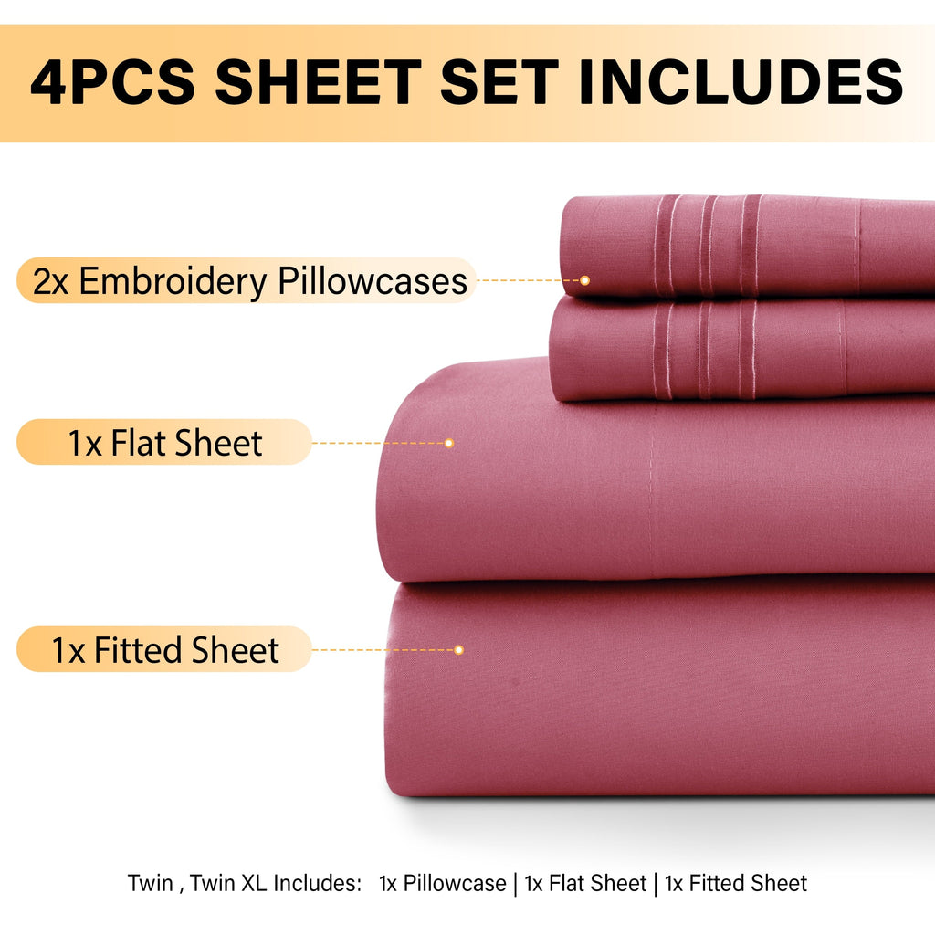 Breathable Luxury Size Sheet Set, 4-Piece Plain Soft Microfiber – Deep Pocket Bed Sheets, Includes 1 Fitted Sheet, 1 Flat Sheet, 2 Pill... - Breathable Egyptian Cotton Flat & Fitted Sheets Detail