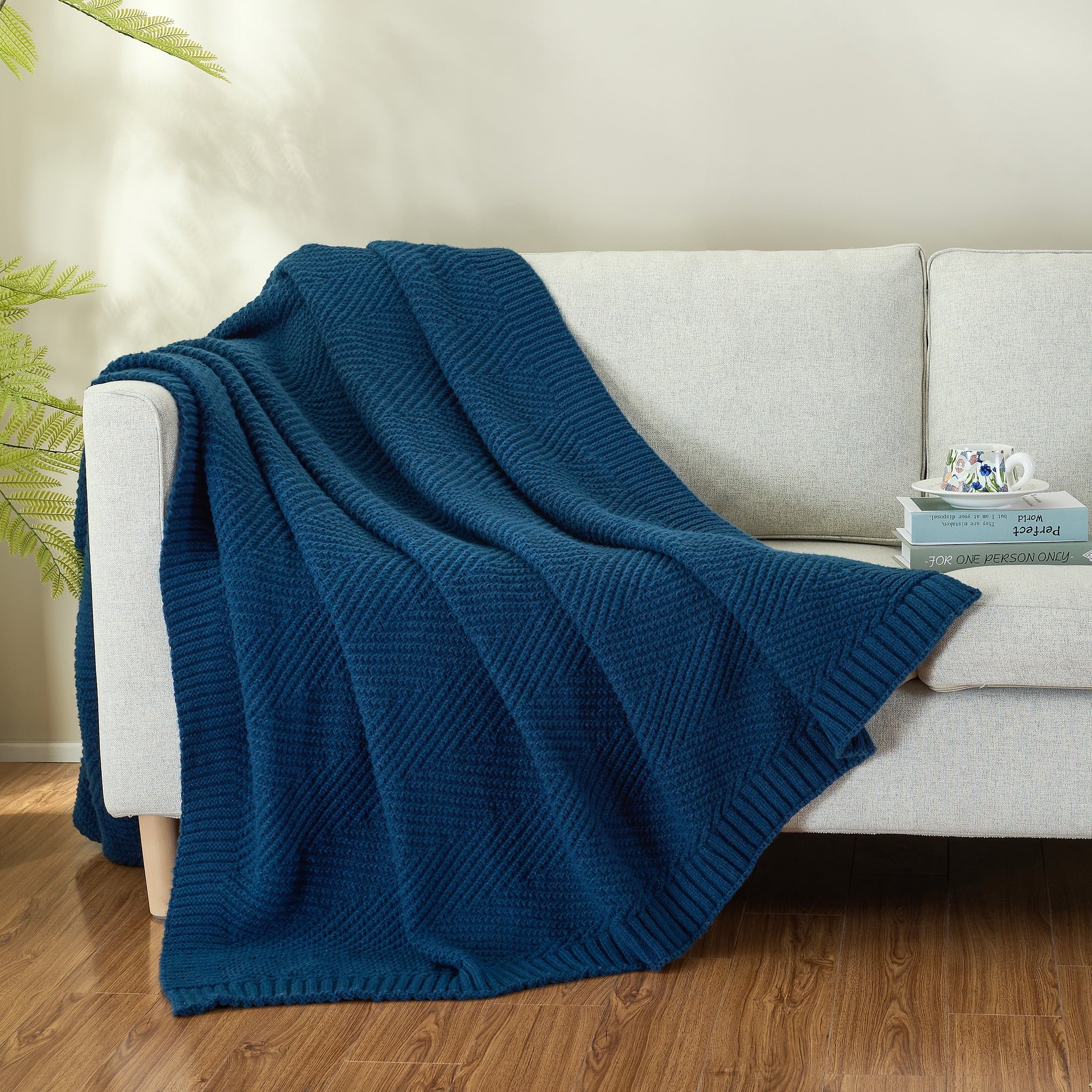 Reversible Sherpa Soft Knitted Throw Blanket 50" x 60" Navy Blue, Boho Chevron Farmhouse Throw for Bed Couch - Luxury Knitted Decorative Throw Blanket with Fringes Detail