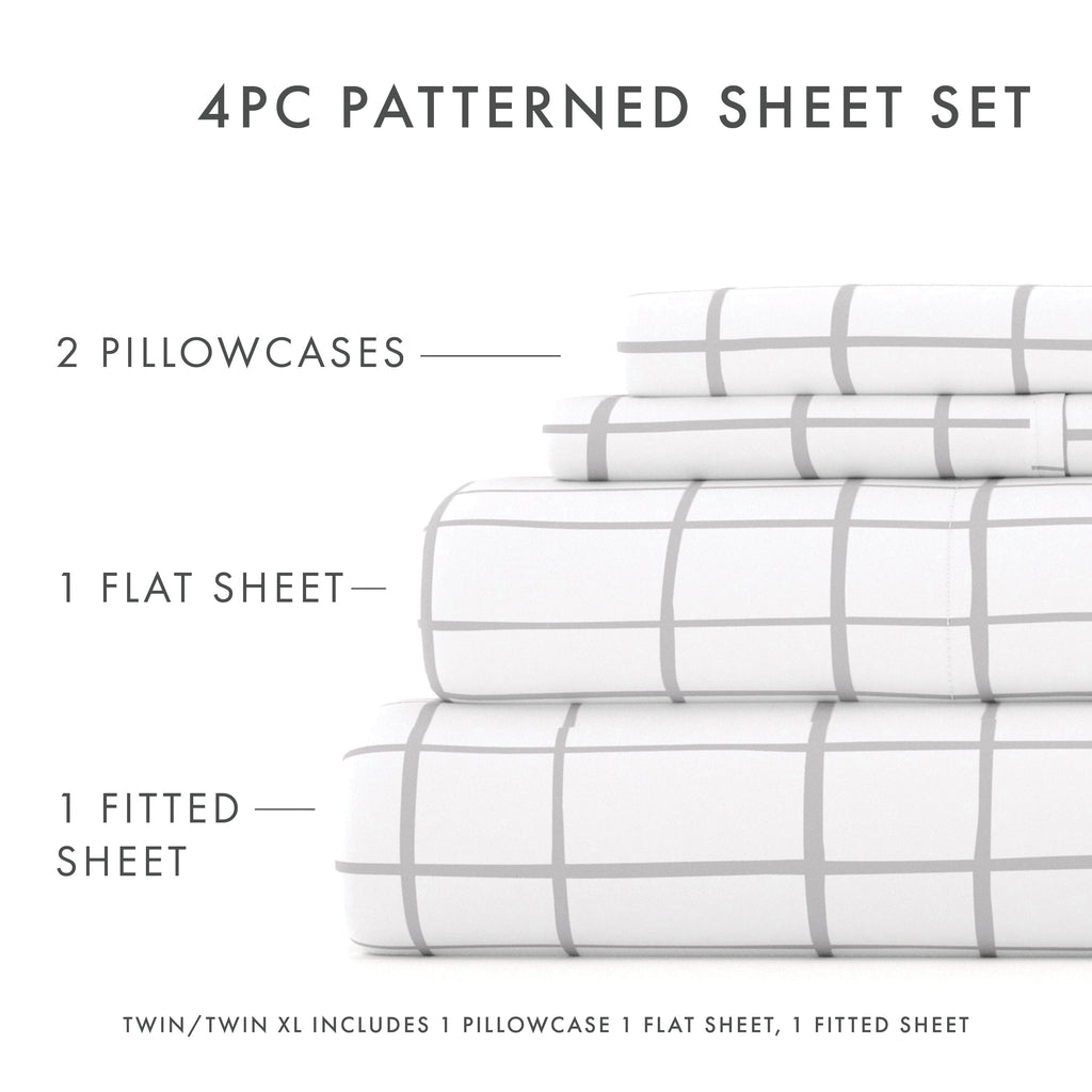 Cooling Sateen 4 Piece Pattern Microfiber Bed Sheets Set, Light Gray Crossroad, Twin - Luxury Bed Sheet Set with Deep Pockets Detail