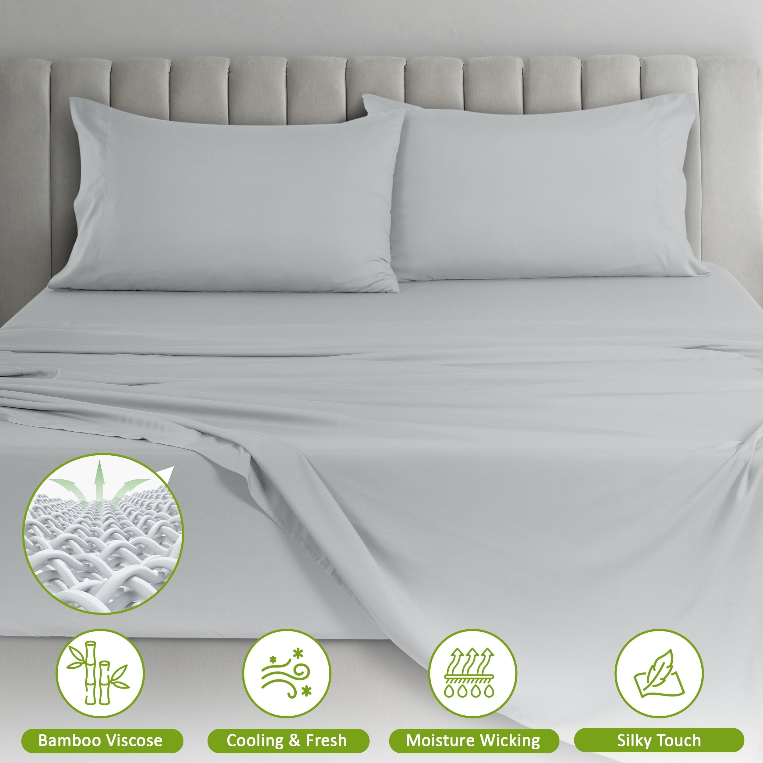Cooling Sateen Rayon - 4 Piece Cooling Bed Sheets Set, Gray - Cooling Hotel Quality Bedding Sheets and Pillowcases Detail