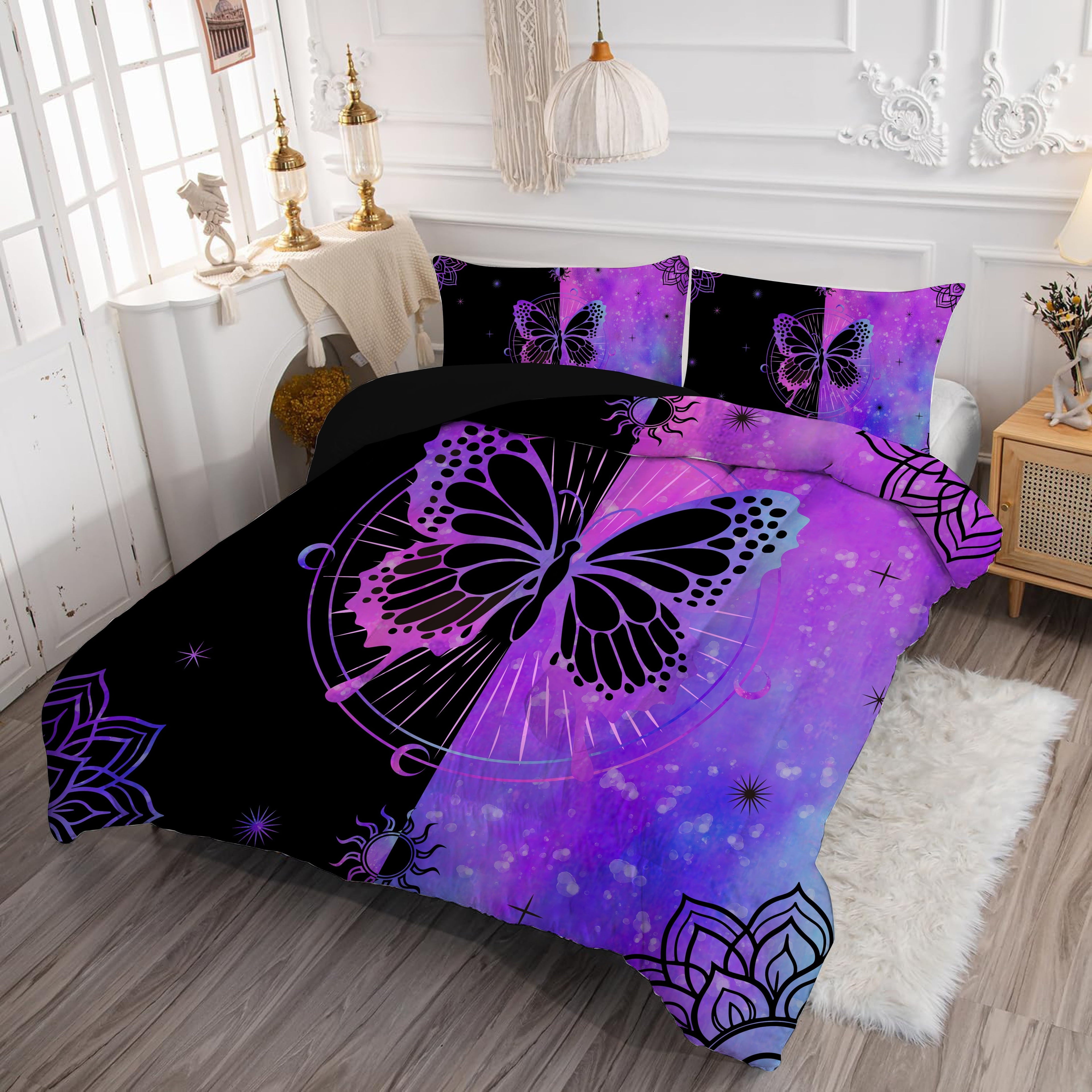 Heavyweight Warmth Butterfly Comforter Set Full Size for Girls Kids Teens Black Blue Purple Tie Dye Bedding Set 3 Pieces - Hypoallergenic Ultra-Fluffy Quilt for Winter Detail