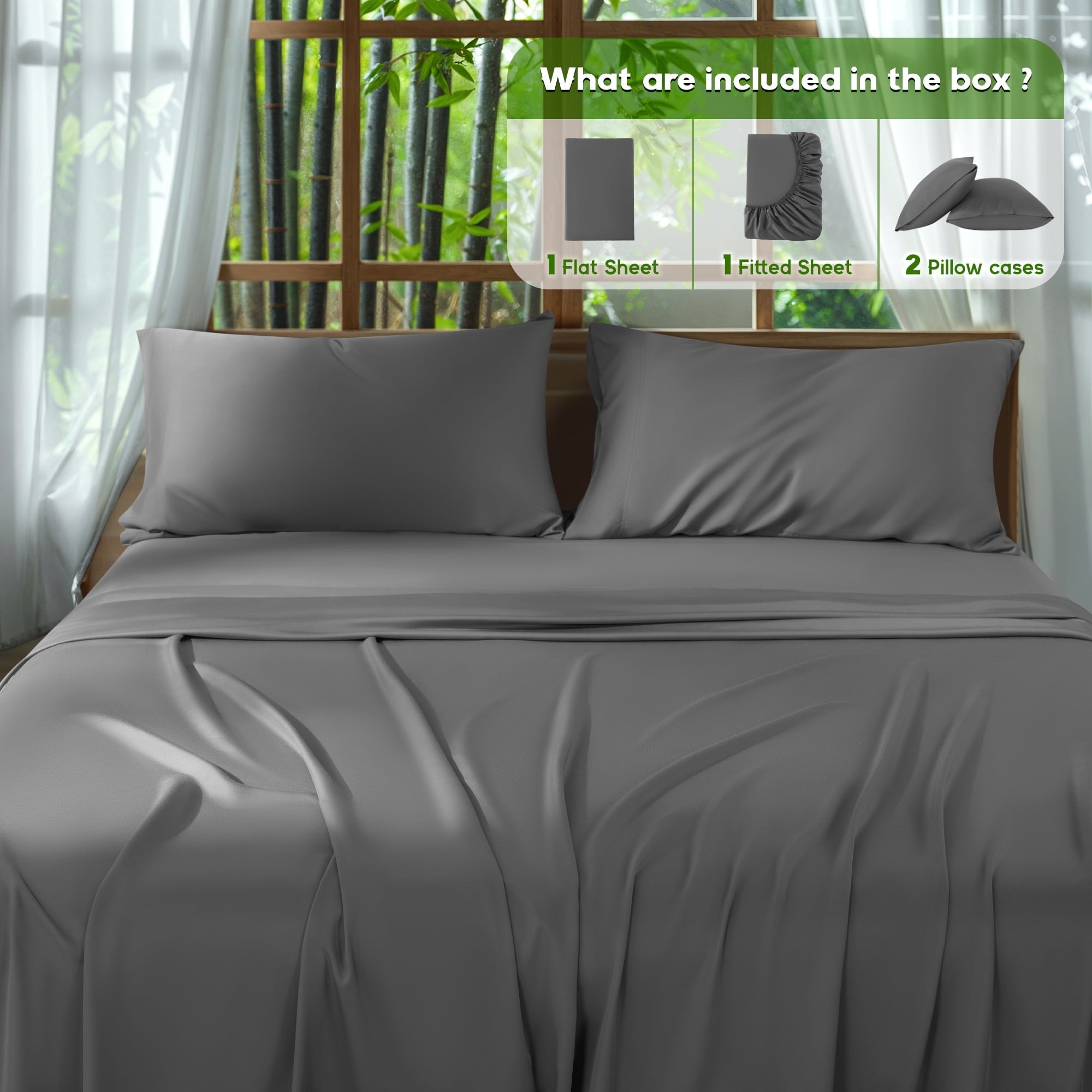 Cooling Sateen Luxury Bamboo Bed Sheet Set - Deep Pockets - 4 Piece, Queen, Dark Gray - Luxury Bed Sheet Set with Deep Pockets Detail