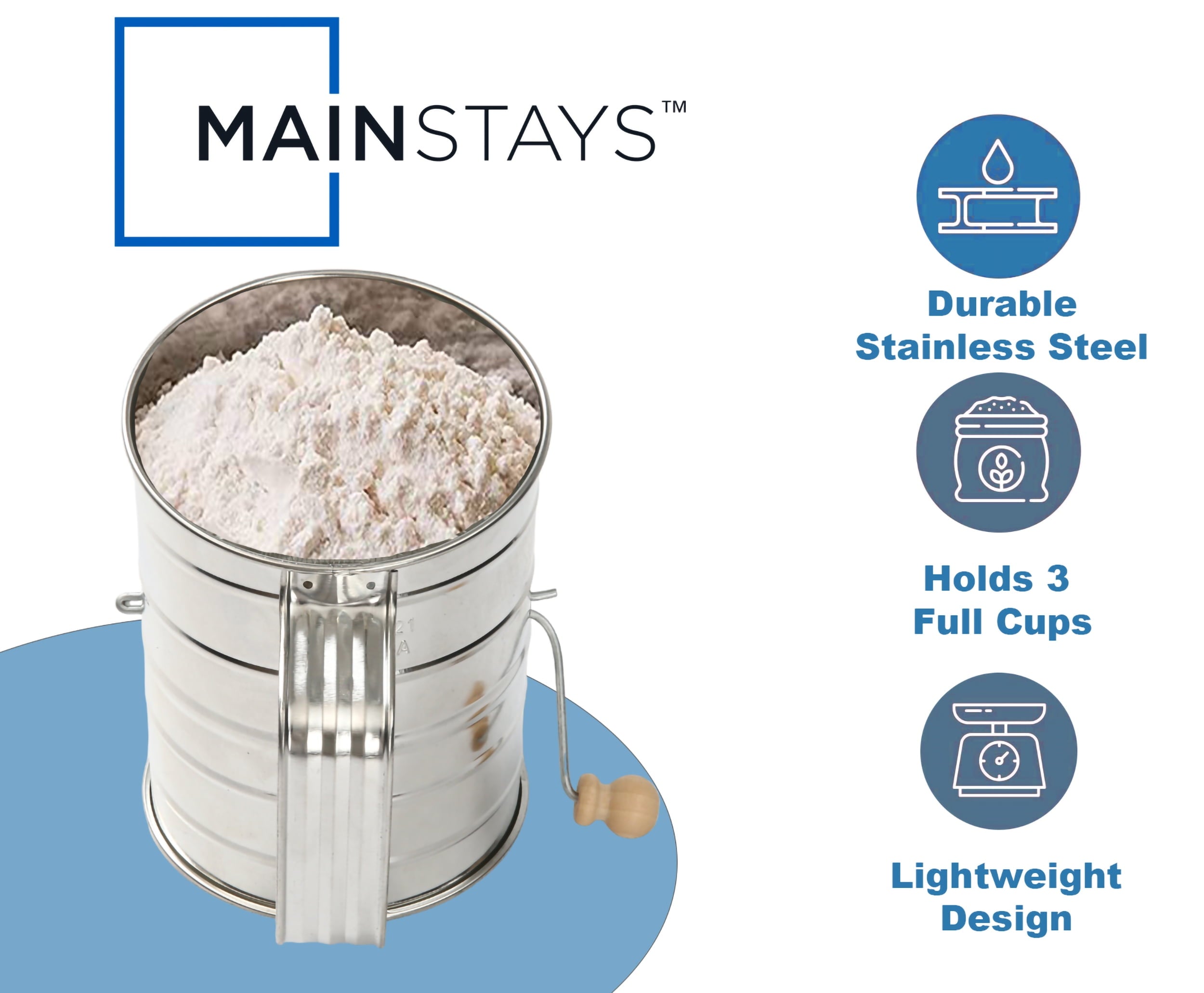 Ergonomic Manual Stainless Steel 3 Cup Flour Hand-Crank Sifter with Beechwood Handle Silver - Multi-Functional Manual Food Chopper & Slicer Detail