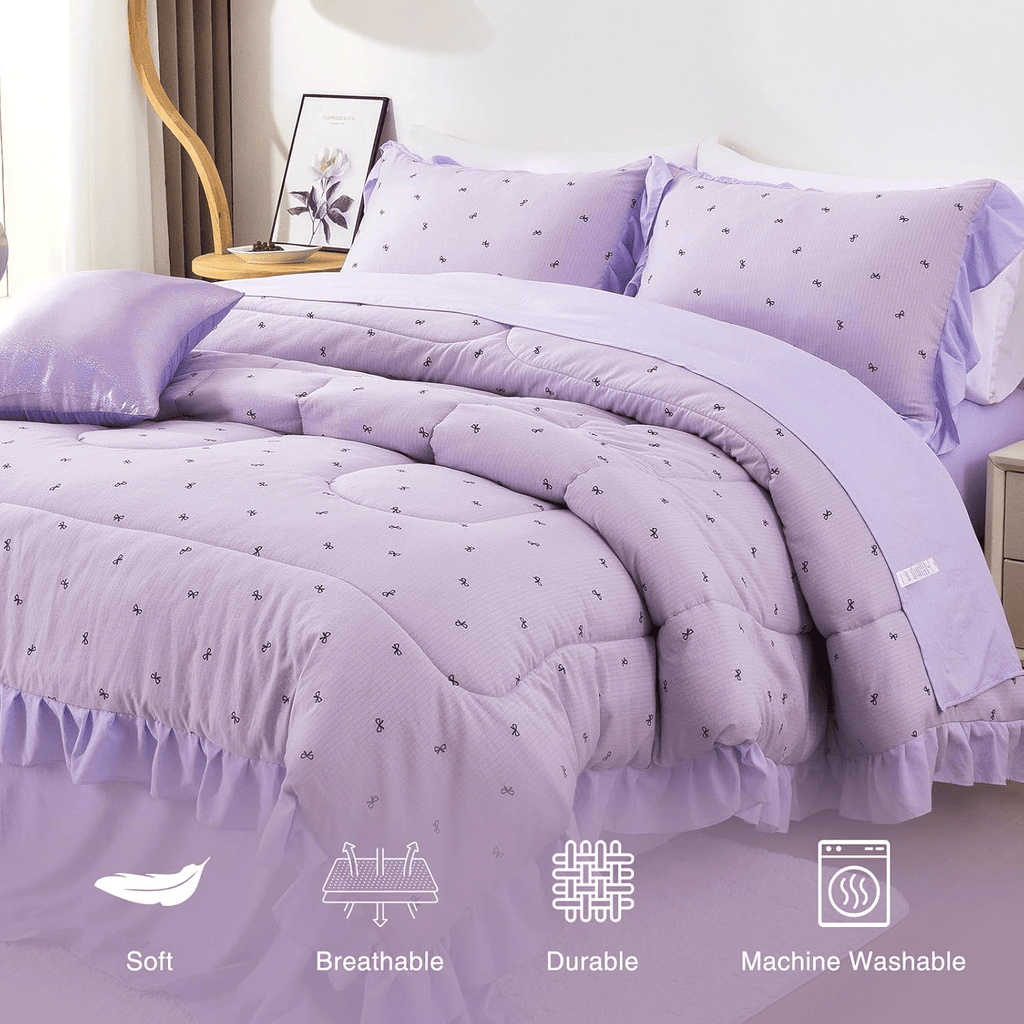 All-Season 6 Piece Delicate Bows Purple Bedding Set Ruffle Princess Style Comforter Set Bed in a Bag - Hypoallergenic Ultra-Fluffy Quilt for Winter Detail
