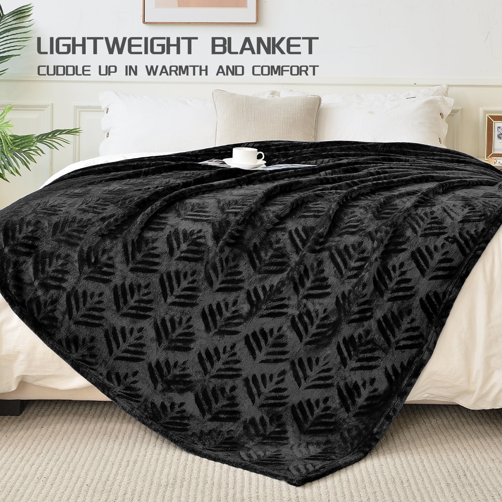 Reversible Sherpa Fleece Throw Blanket for Couch, Leaves Pattern Super Soft and Cozy Blankets, Plush Fuzzy Lightweight, Black, 50"x60" - Lightweight Plush Warm Blanket for All Seasons Detail