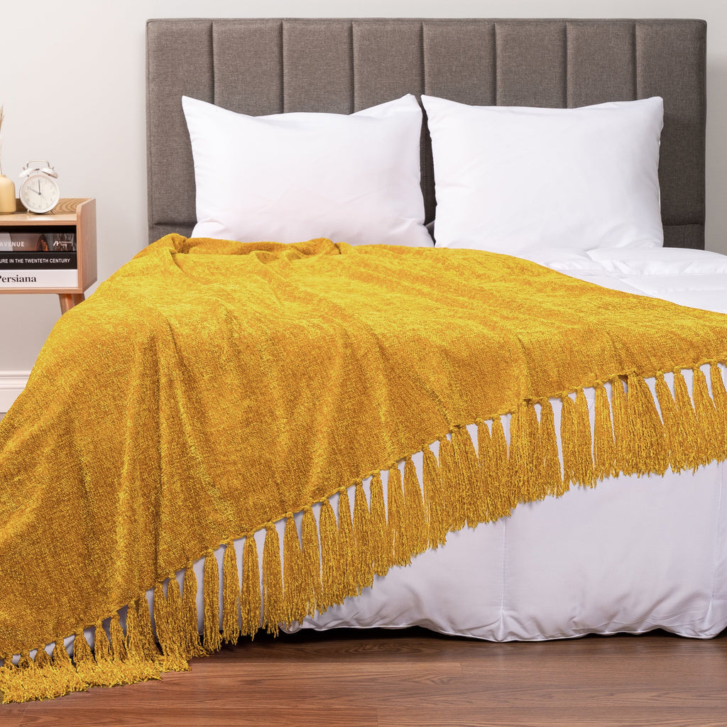 Super Soft Flannel Mustard Yellow Chenille Throw Blanket for Couch, Soft Gold Knit Blanket with Tassel Fringe, Woven Chenille Knitted De... - Lightweight Plush Warm Blanket for All Seasons Detail