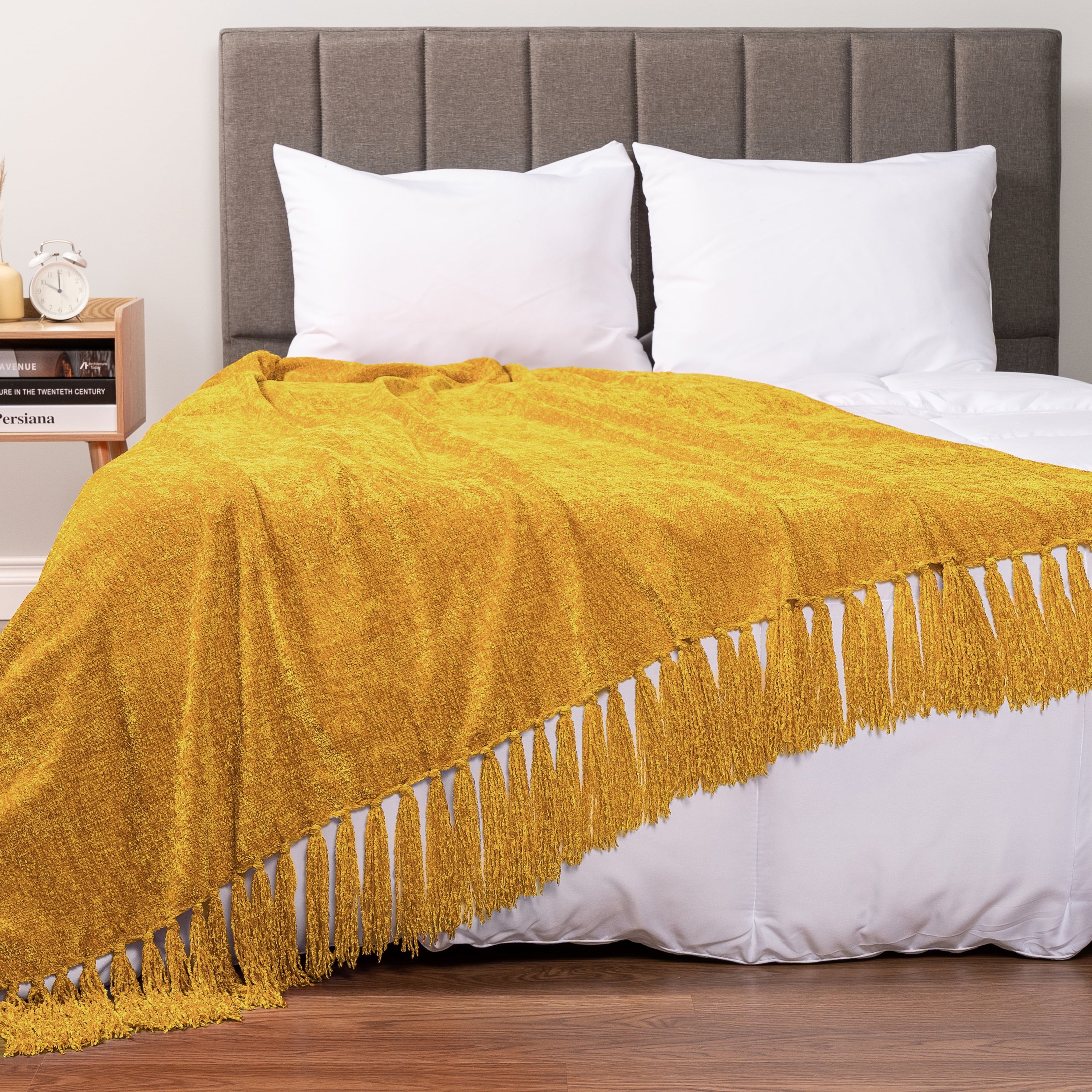 Super Soft Flannel Mustard Yellow Chenille Throw Blanket for Couch, Soft Gold Knit Blanket with Tassel Fringe, Woven Chenille Knitted De... - Lightweight Plush Warm Blanket for All Seasons Detail