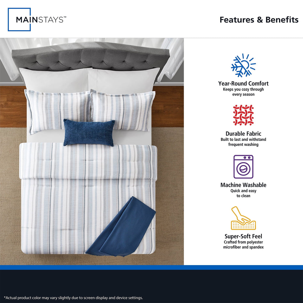 Heavyweight Warmth Full/Queen Comforter Set, All-Season, 5-Piece, Blue Yarn Dyed Stripe - All-Season Down Alternative Comforter Insert Detail