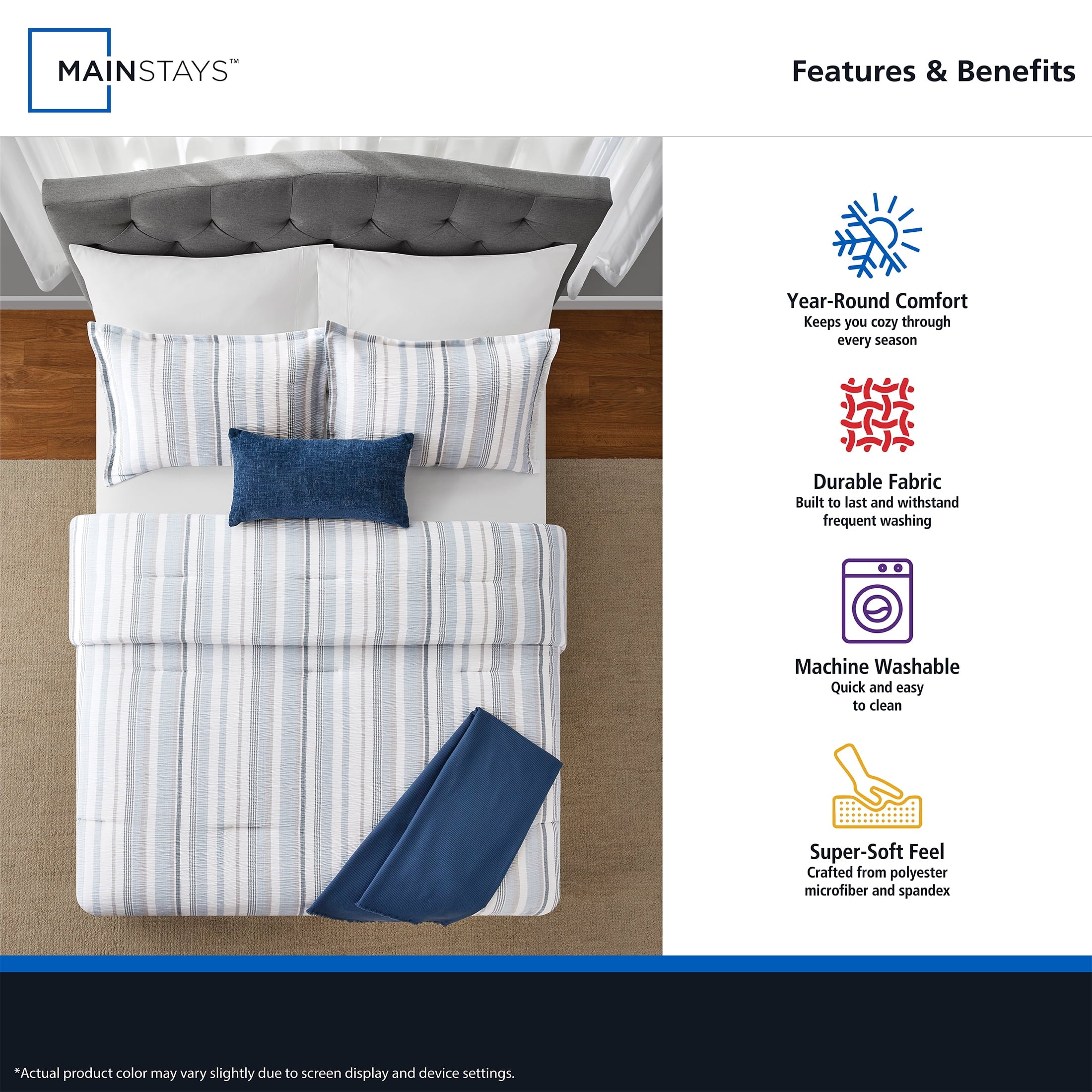 Heavyweight Warmth Full/Queen Comforter Set, All-Season, 5-Piece, Blue Yarn Dyed Stripe - All-Season Down Alternative Comforter Insert Detail
