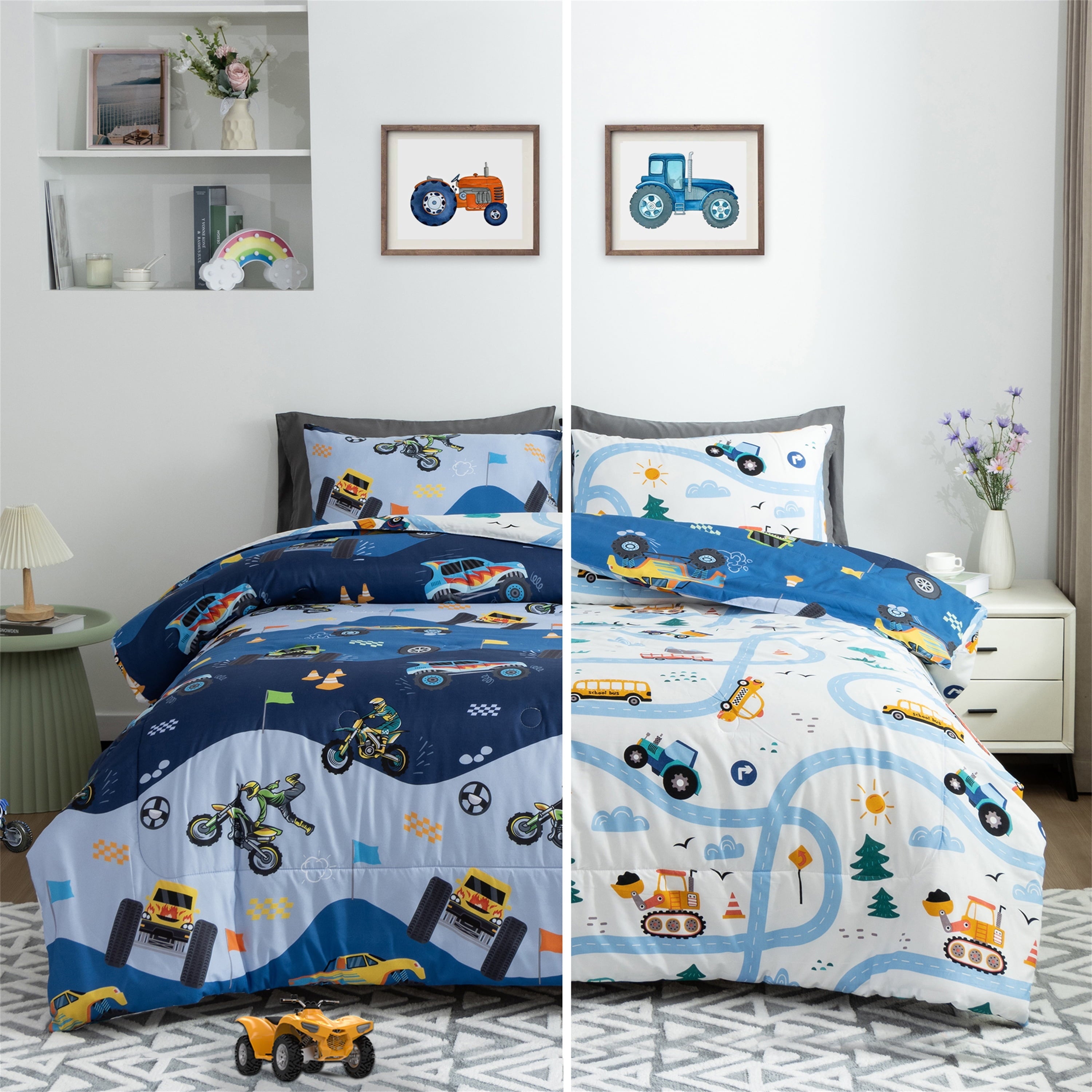Luxurious Quilted 3Pcs Reversible Construction Truck Twin Comforter Set for Boys Kids Excavator Vehicle Motorcycle Bedding Set Blue - All-Season Down Alternative Comforter Insert Detail
