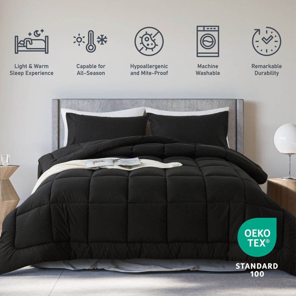 Hypoallergenic Cloud Queen Size 3-Piece All-Season Down Alternative Comforter Set Deep Black (Comforter and Pillowcase Bedding Set / bed i... - All-Season Down Alternative Comforter Insert Detail