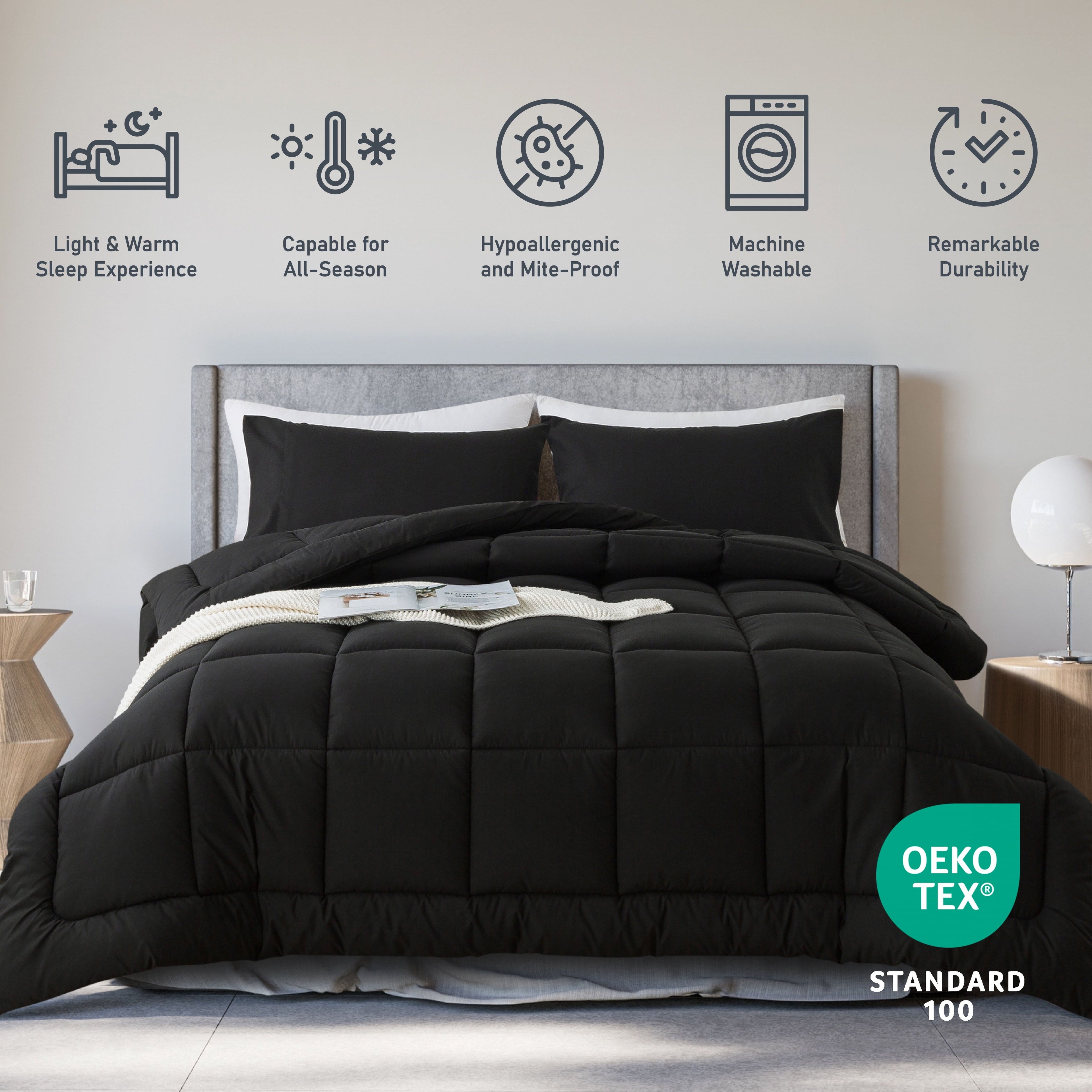 Hypoallergenic Cloud Queen Size 3-Piece All-Season Down Alternative Comforter Set Deep Black (Comforter and Pillowcase Bedding Set / bed i... - All-Season Down Alternative Comforter Insert Detail