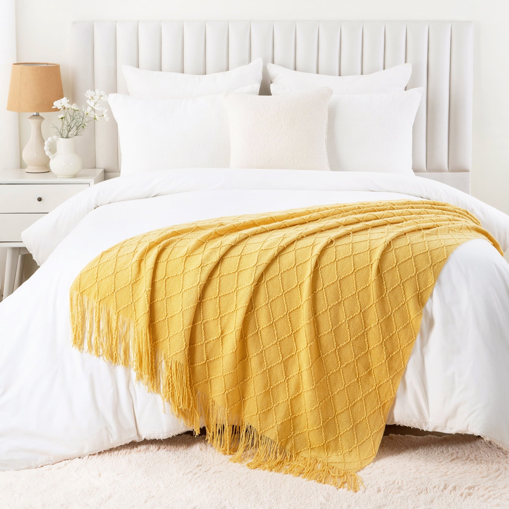 Super Soft Flannel Mustard Throw Blanket for Couch,Gold Yellow Knit Throw with Fringe,Outdoor Throw ,50"x60" - Luxury Knitted Decorative Throw Blanket with Fringes Detail