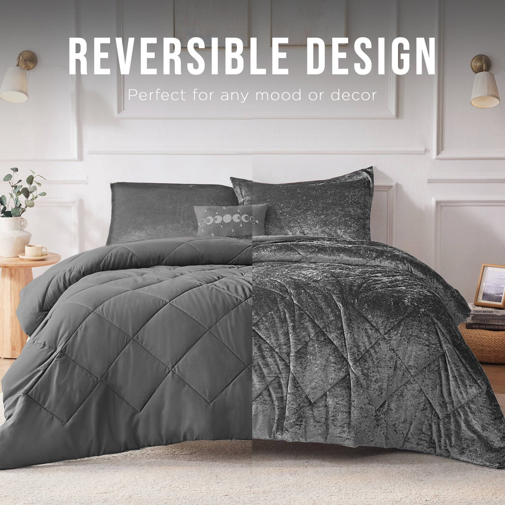 All-Season King/Cal King Size Comforter Sets, Velvet Bedding Comforter Set for All Seasons, Grey Bedding Set with Decor Pillow, ... - Cloud-Like Soft Lightweight Bed Comforter Detail