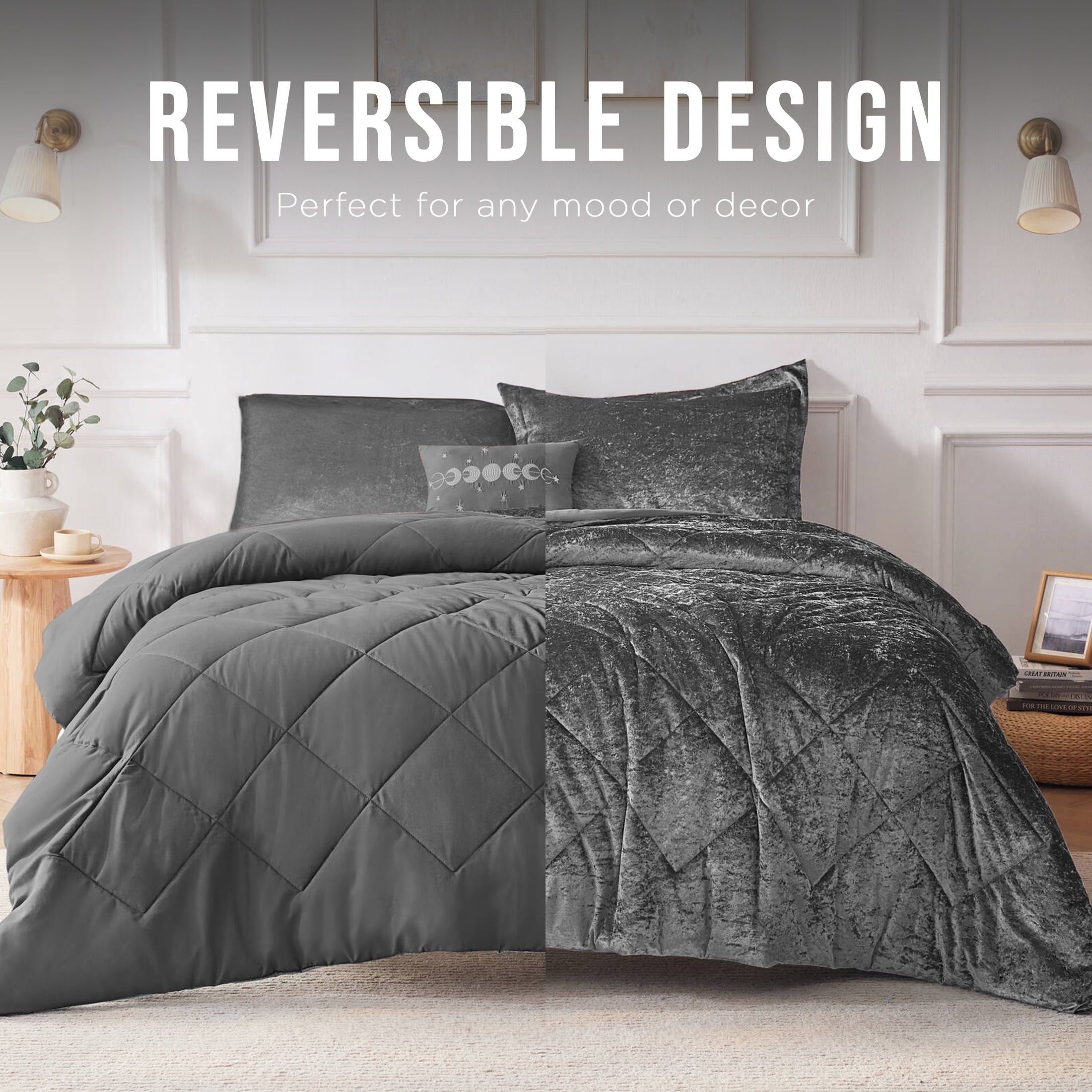 All-Season King/Cal King Size Comforter Sets, Velvet Bedding Comforter Set for All Seasons, Grey Bedding Set with Decor Pillow, ... - Cloud-Like Soft Lightweight Bed Comforter Detail