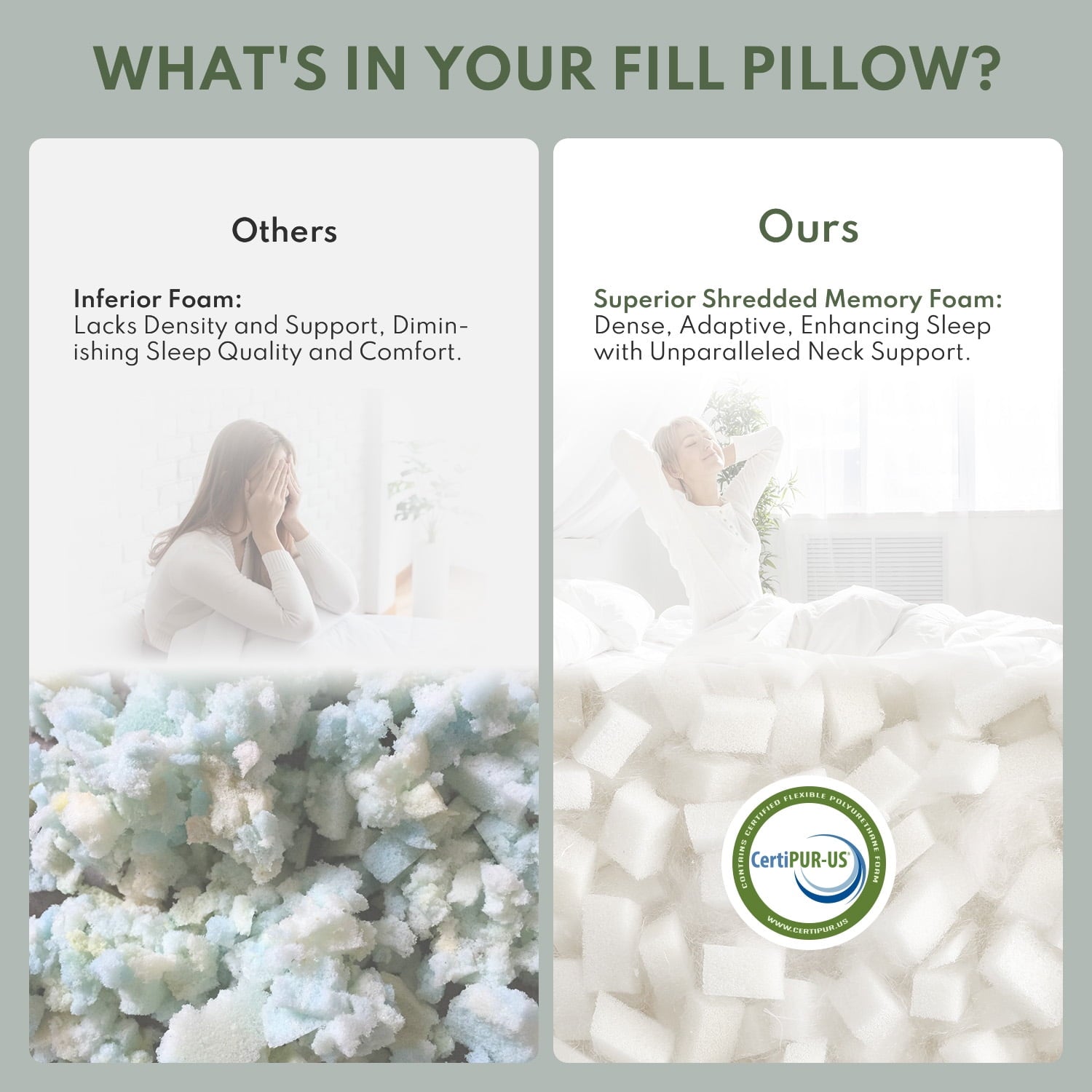Fluffy Shredded Cooling Memory Foam Queen Pillows for bed 2 Pack,Adjustable Support & Heat Dissipation Tech for Side,Back,Stomach & H... - Orthopedic Shredded Foam Bed Pillow Set Detail