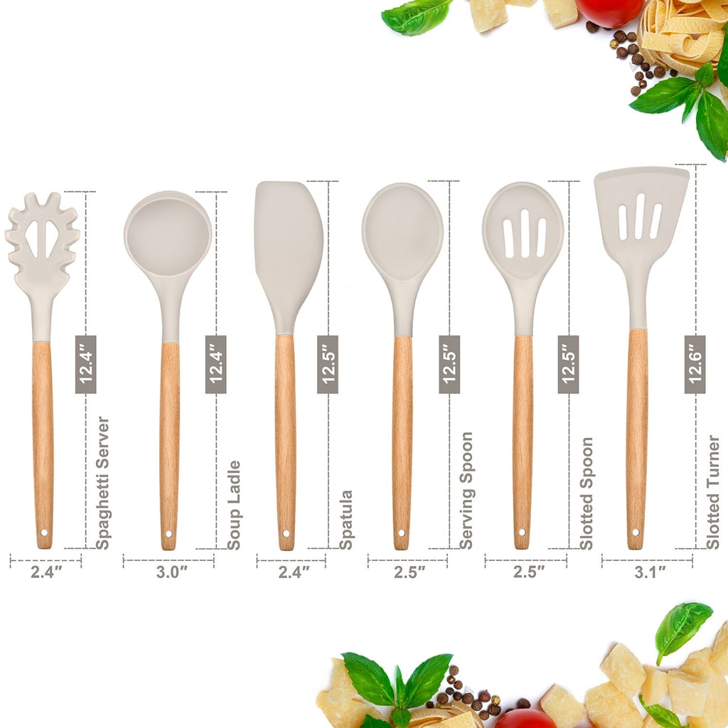 Ergonomic Cooking Kitchen Utensils Set of 6, Silicone Cooking Utensils with Wooden Handle, Non-Stick Cookware & Heat Resistant, Include... - Heat-Resistant Silicone Cooking Spatula Turner Detail