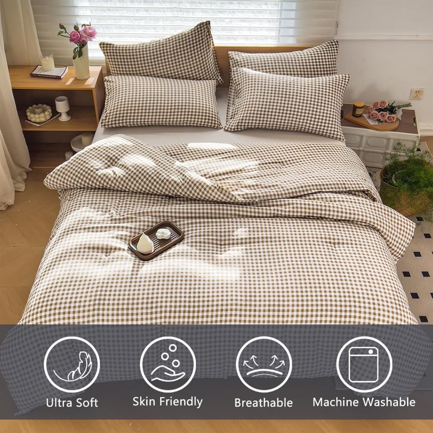 Heavyweight Warmth Tan Gingham Queen Comforter Set, Taupe Plaid Bedding Set, Checked Bed Comforter 3 Pieces(Tan Gingham, Queen) - Cloud-Like Soft Lightweight Bed Comforter Detail