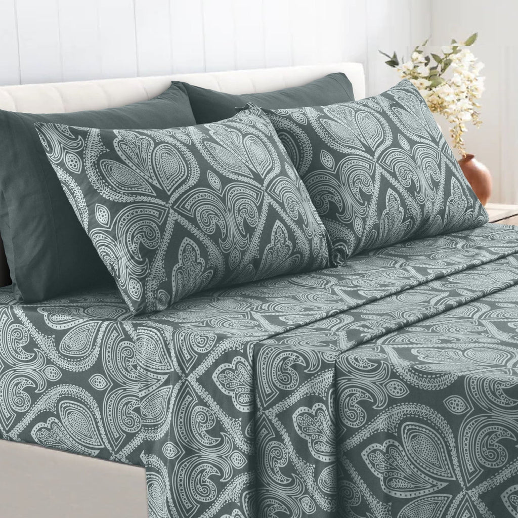 Premium Egyptian Cotton Queen Bed Sheets Set - 6 Piece Brushed Microfiber Bed Sheet - Shrinkage and Fade Resistant - (Queen, Grey) - Breathable Egyptian Cotton Flat & Fitted Sheets Detail