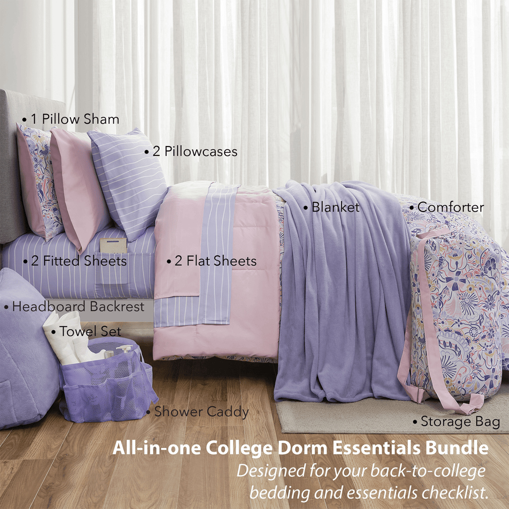 Hypoallergenic Cloud 14pc College Dorm Essentials Bundle, Twin-XL, Reversible Bed in a Bag Comforter Set, Purple Floral - Cloud-Like Soft Lightweight Bed Comforter Detail