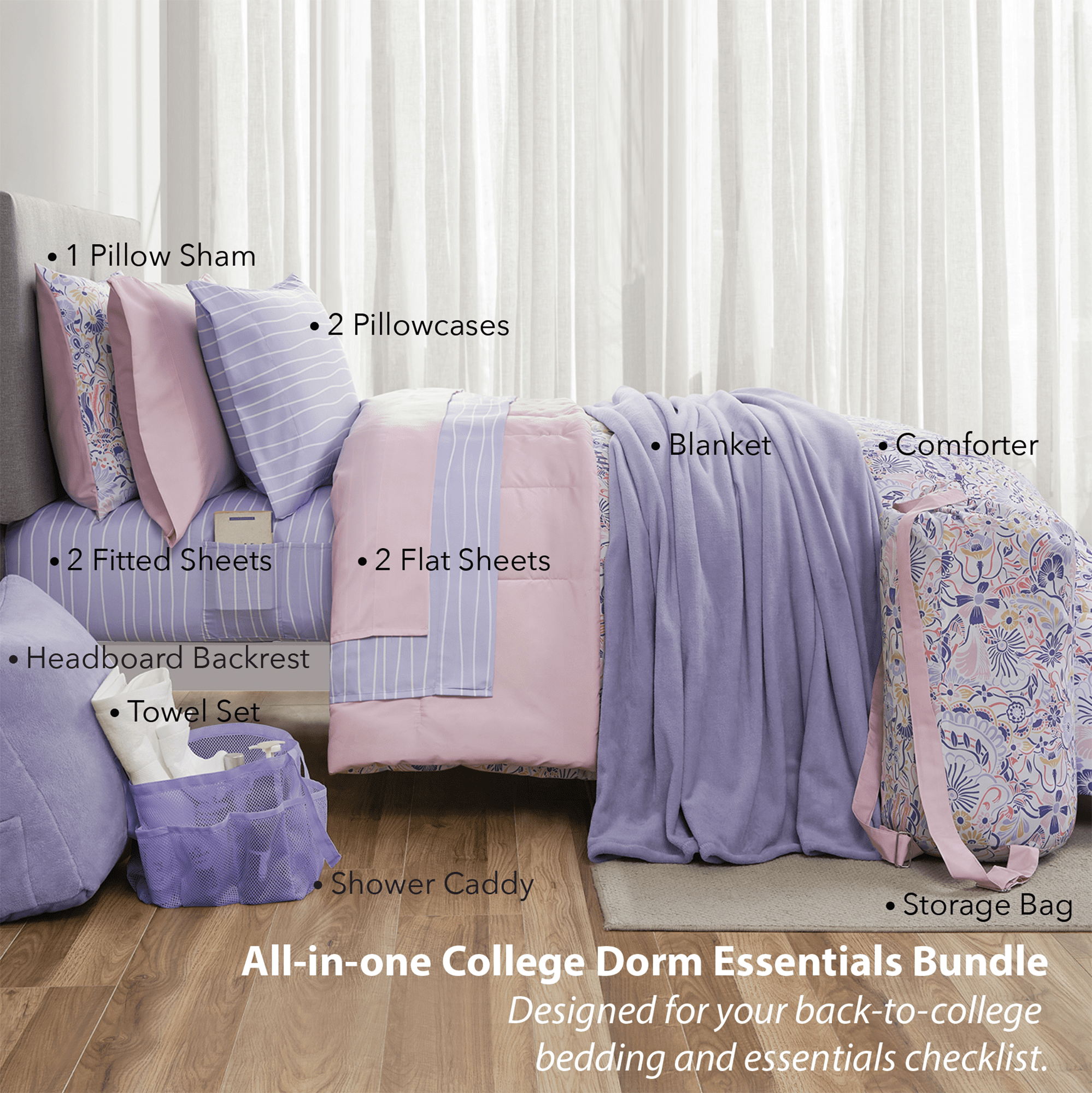 Hypoallergenic Cloud 14pc College Dorm Essentials Bundle, Twin-XL, Reversible Bed in a Bag Comforter Set, Purple Floral - Cloud-Like Soft Lightweight Bed Comforter Detail
