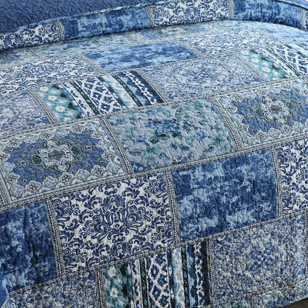 Luxurious Quilted Quilt Comforter Cotton Bedding Set With Shams, Vintage Blue, King - Luxurious Quilted Duvet Cover Set Detail