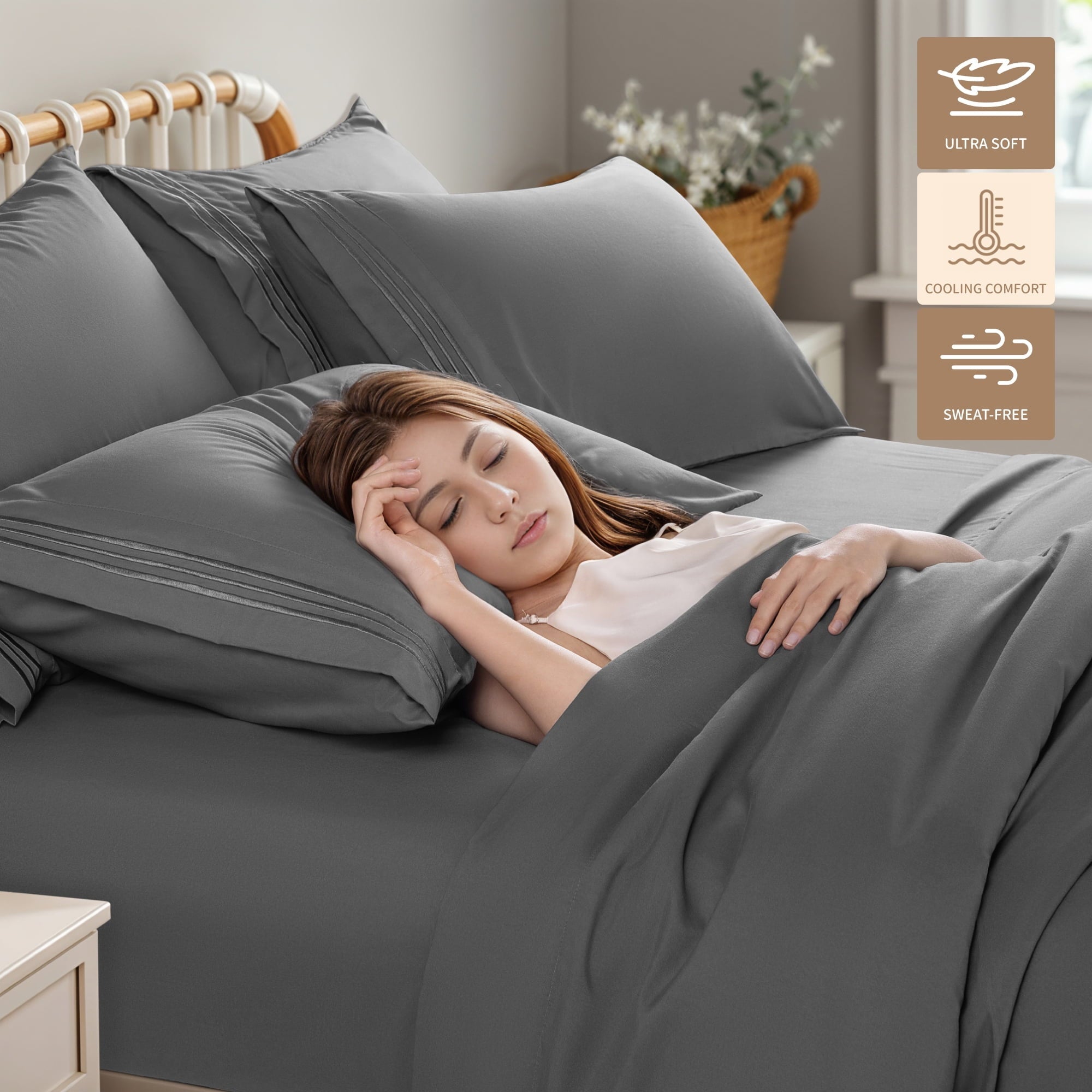 Wrinkle-Resistant 6 Pieces Bed Sheet Set, 1800 Series Soft Microfiber Queen Sheets with 16" Deep Pocket, Dark Gray - Premium Ultra-Soft Pillowcase Pair for Sleeping Detail