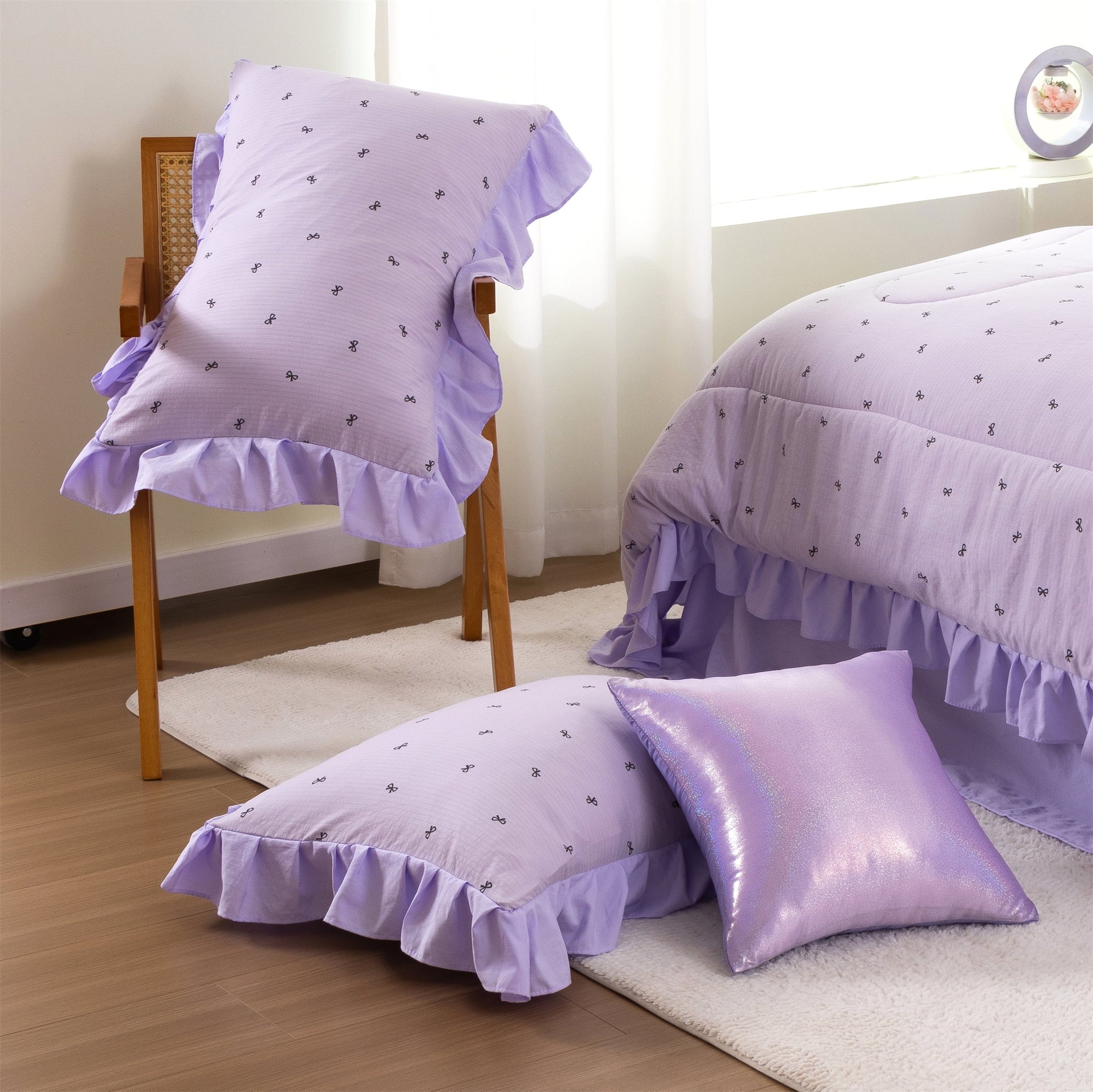 All-Season 6 Piece Delicate Bows Purple Bedding Set Ruffle Princess Style Comforter Set Bed in a Bag - Hypoallergenic Ultra-Fluffy Quilt for Winter Detail