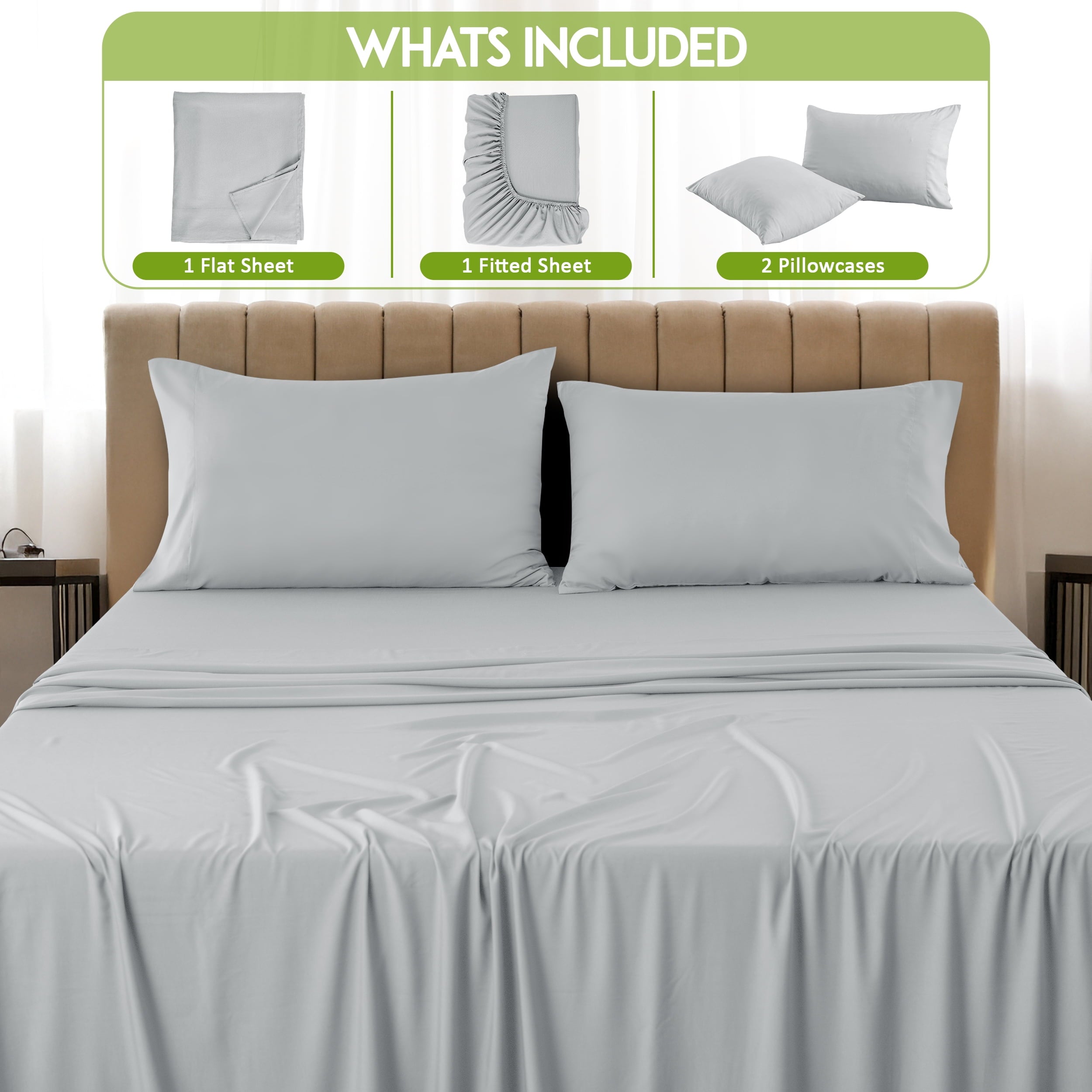 Cooling Sateen Rayon - 4 Piece Cooling Bed Sheets Set, Gray - Cooling Hotel Quality Bedding Sheets and Pillowcases Detail