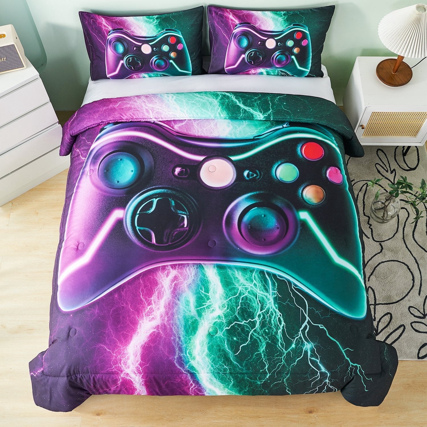 Luxurious Quilted Queen Size Gaming Comforter Set for Boys,3-Piece 3D Green Purple Lightning Game Controller Bedding Set for Kids Teens - Luxurious Quilted Duvet Cover Set Detail