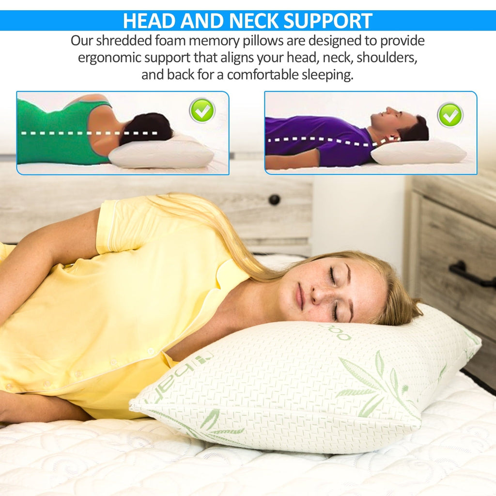 Ergonomic Memory Foam Queen Size Bamboo Pillow, Memory Foam Bed Pillows with Washable Pillowcases, Queen - Decorative Throw Pillow Cushion for Sofa & Bed Detail