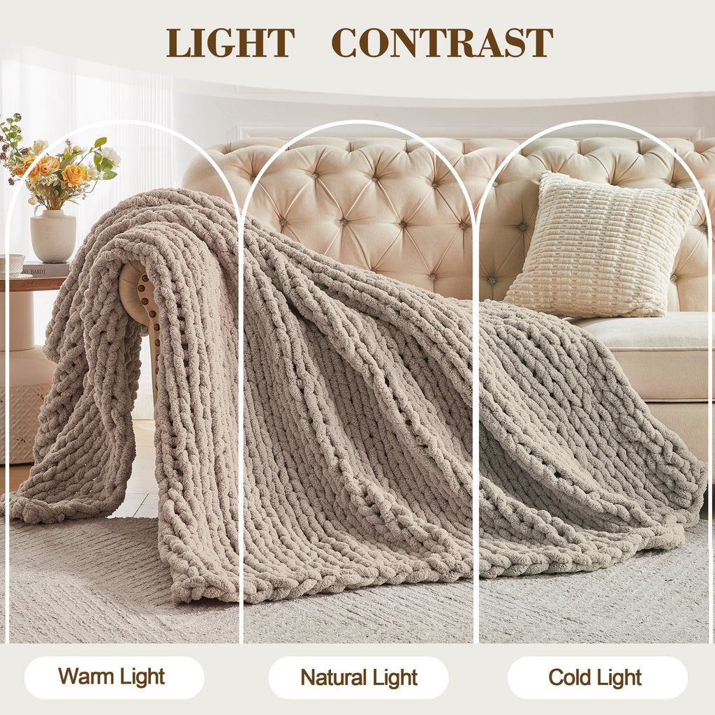 Reversible Sherpa Chunky Knit Throw Blanket Handmade Soft Throws for Couch Sofa Bed, 50" x 60" Taupe - Luxury Knitted Decorative Throw Blanket with Fringes Detail