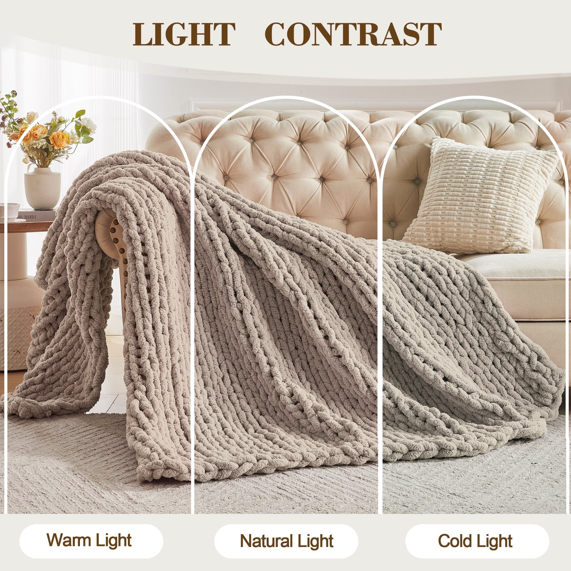 Reversible Sherpa Chunky Knit Throw Blanket Handmade Soft Throws for Couch Sofa Bed, 50" x 60" Taupe - Luxury Knitted Decorative Throw Blanket with Fringes Detail