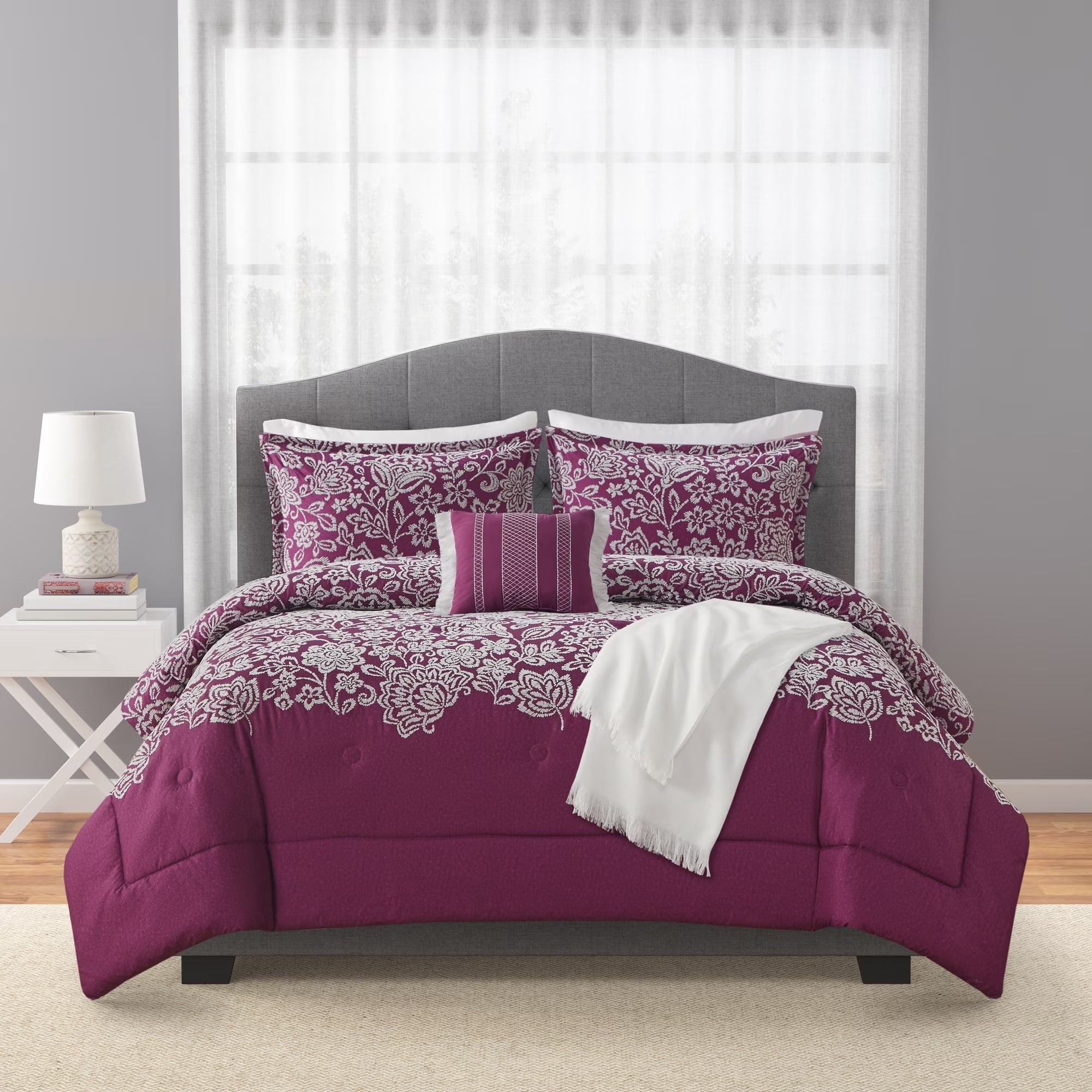 Luxurious Quilted 5-Piece Jacquard Comforter Set with Decor Pillow and Throw Purple Flocking Embroidery Bedding Set, Full/Queen - Hypoallergenic Ultra-Fluffy Quilt for Winter Detail