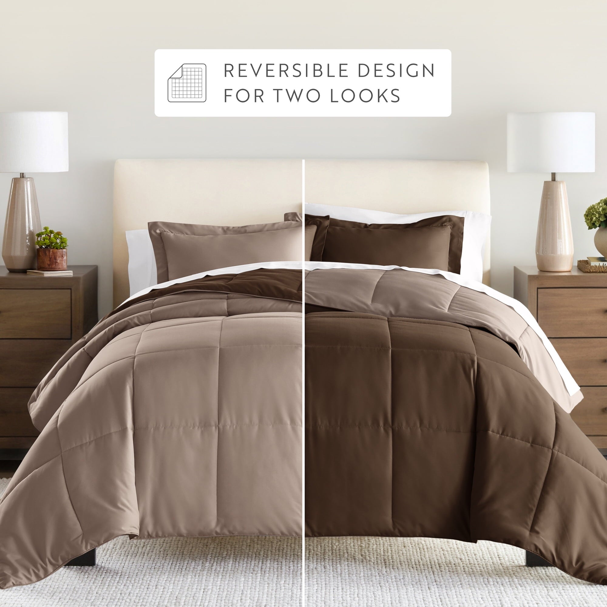 Hypoallergenic Cloud All Season Reversible Comforter Set Breathable Cool in Taupe & Chocolate Brown Full/Queen Size Bedding - All-Season Down Alternative Comforter Insert Detail