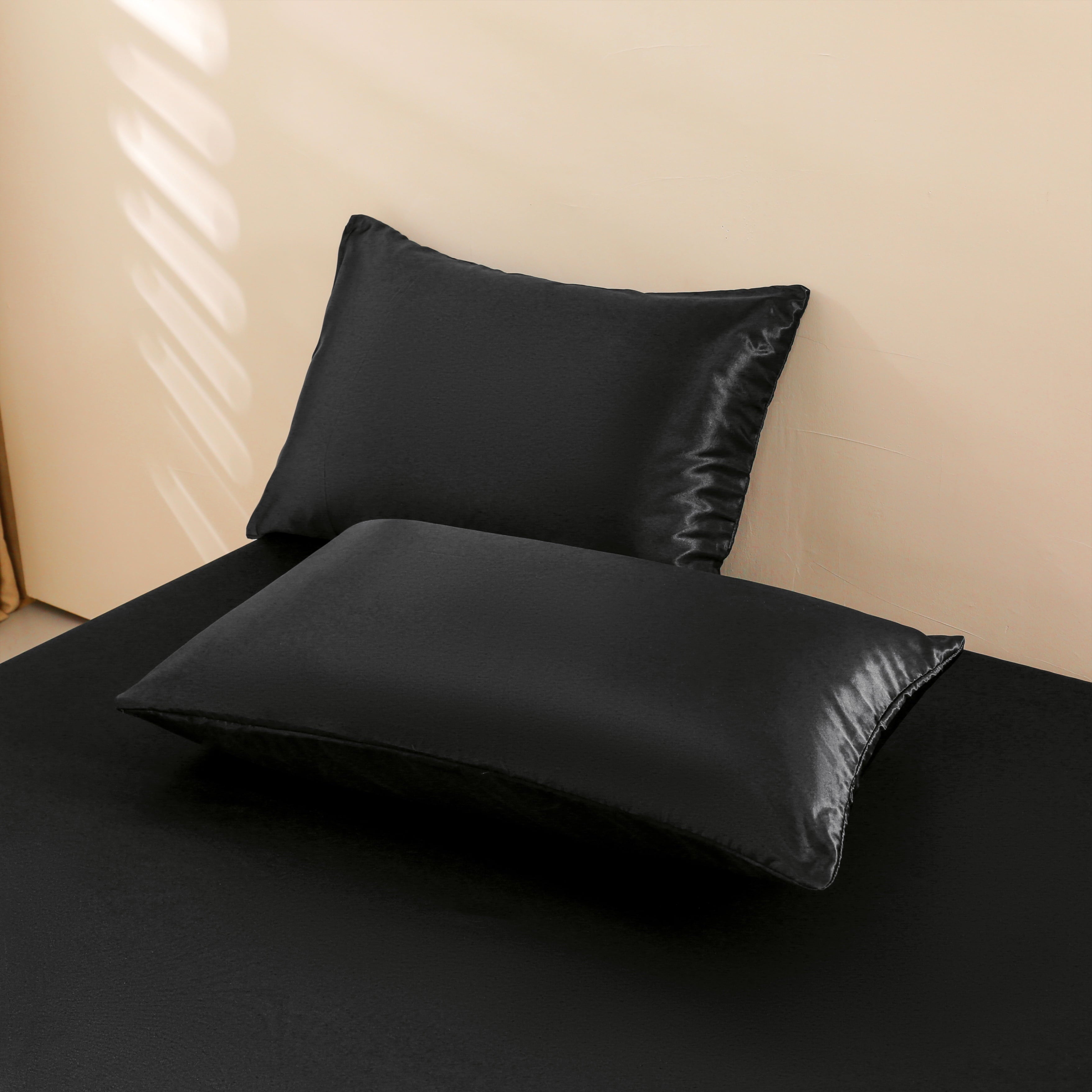 Breathable Luxury 4Pcs Black Satin Sheets Queen Set Silk Sheets 13" Deep Pocket Ultra Soft silky Bed Sheet Set - Breathable Egyptian Cotton Flat & Fitted Sheets Detail