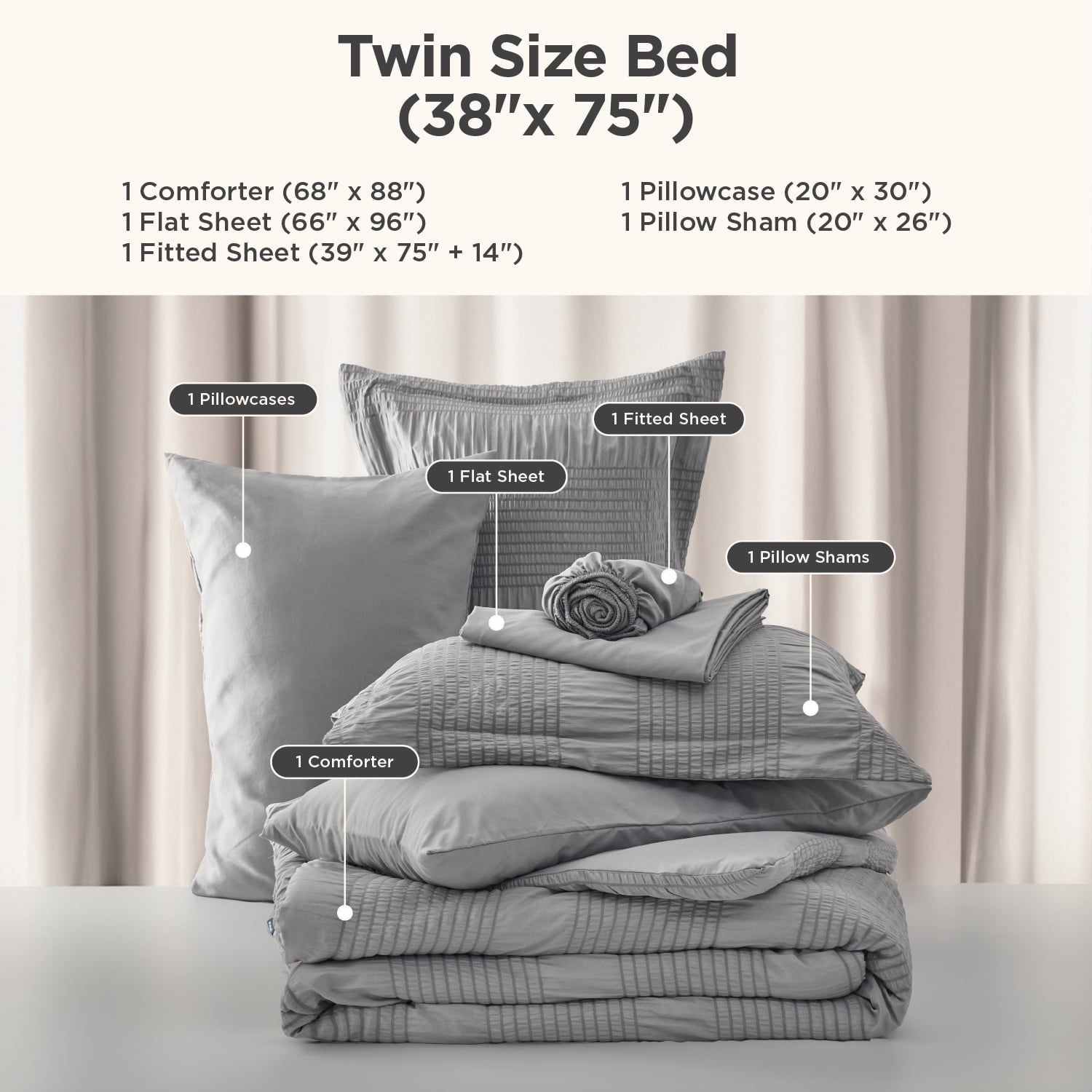 Luxurious Quilted Twin Comforter Sets 5 Pieces Stripes Seersucker Bedding Set, Bed in a Bag with Soft Comforter & Sheets, Pillowcase & ... - Luxurious Quilted Duvet Cover Set Detail