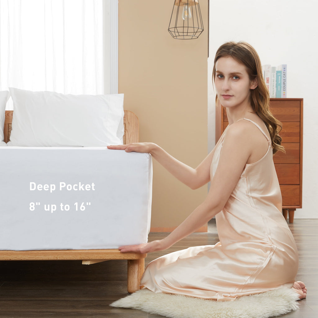 Cooling Sateen 100% Cotton Queen Size Fitted Sheet Only, 300 Thread Count White Fitted Bed Sheet with 22” Extra Deep Pocket, Soft & ... - Premium Ultra-Soft Pillowcase Pair for Sleeping Detail