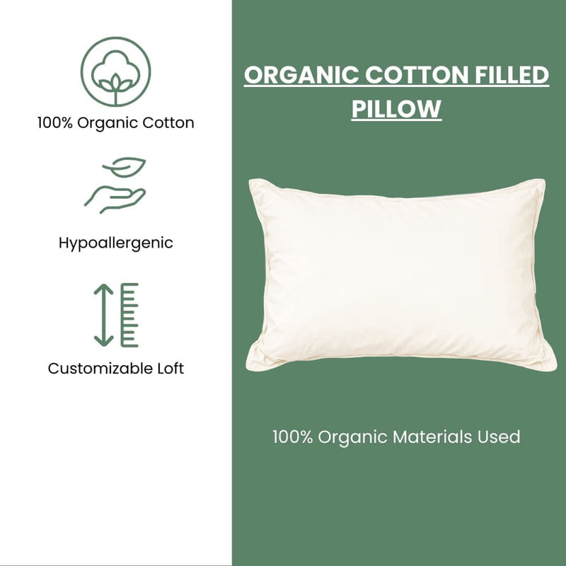 Ergonomic Memory Foam 100% Organic Cotton Pillow with Organic Cotton Cover - GOTS CERTIFIED - Adjustable Loft, Head Neck Pain Relief, Back ... - Decorative Throw Pillow Cushion for Sofa & Bed Detail