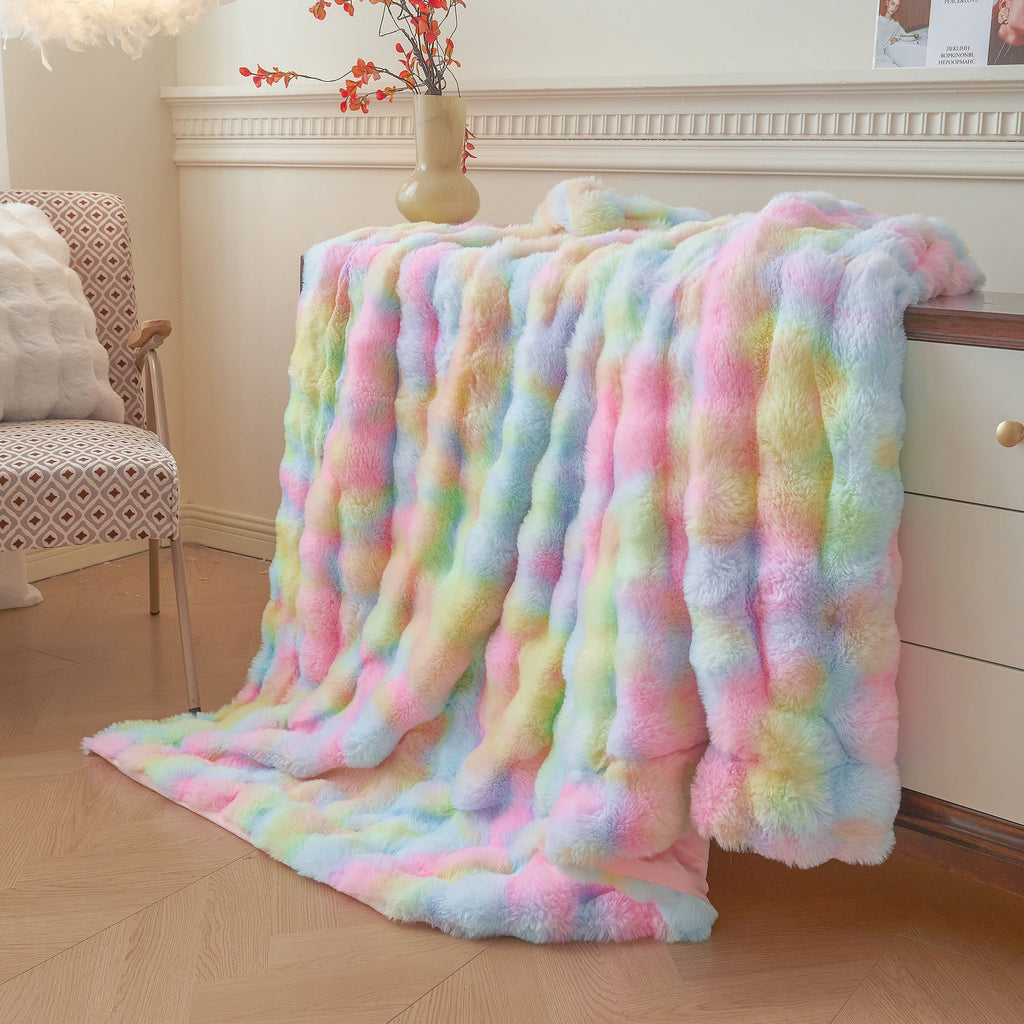 Reversible Sherpa Fluffy Faux Rabbit Fur Bubble Throw, Rainbow Plush Shaggy Blanket for Couch Sofa Chair, Soft Tie Dye Furry Blanket Ad... - Super Soft Reversible Sherpa Flannel Blanket Detail