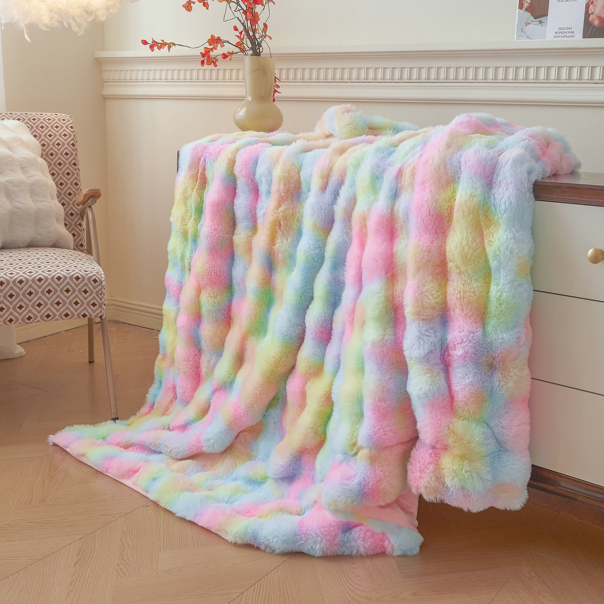 Reversible Sherpa Fluffy Faux Rabbit Fur Bubble Throw, Rainbow Plush Shaggy Blanket for Couch Sofa Chair, Soft Tie Dye Furry Blanket Ad... - Super Soft Reversible Sherpa Flannel Blanket Detail
