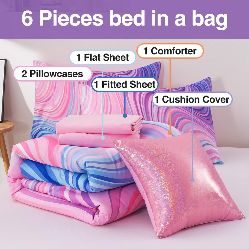 Heavyweight Warmth 6 Pieces Gradient Star Ring Comforter Set, Colorful Glitter Rainbow Wave Stripes Pattern Bedding Set for Boys Girls T... - Luxurious Quilted Duvet Cover Set Detail