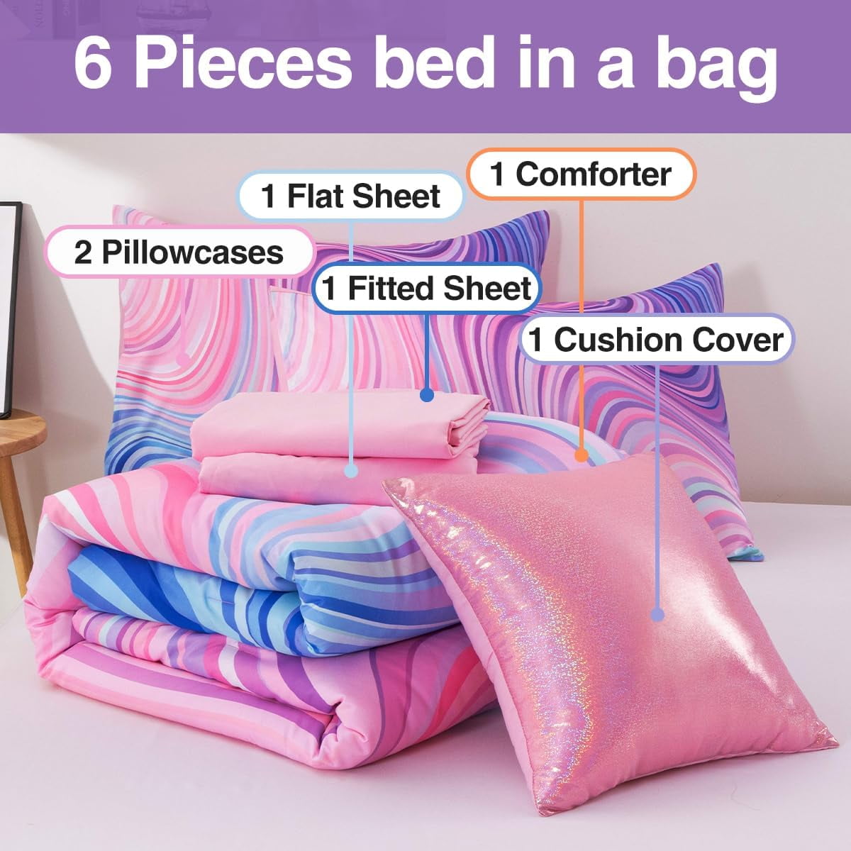 Heavyweight Warmth 6 Pieces Gradient Star Ring Comforter Set, Colorful Glitter Rainbow Wave Stripes Pattern Bedding Set for Boys Girls T... - Luxurious Quilted Duvet Cover Set Detail