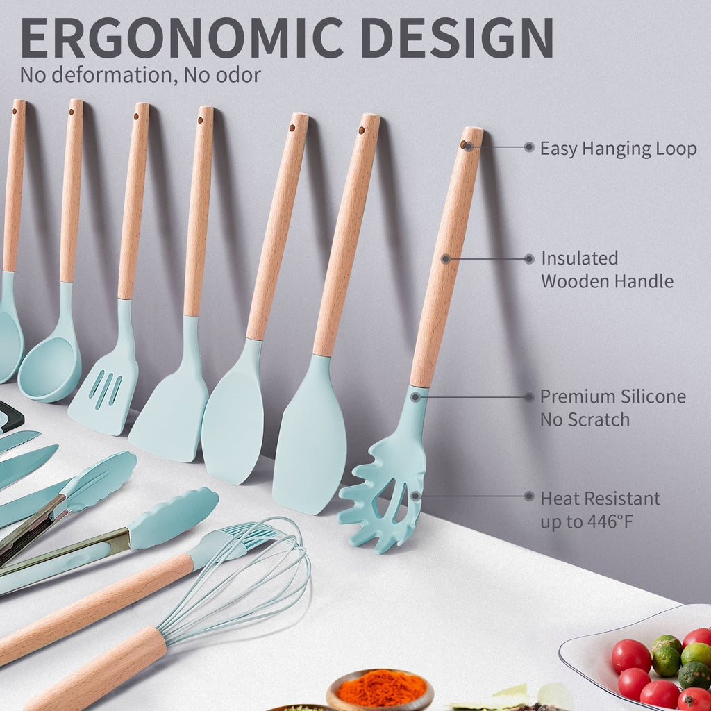 High-Precision Silicone Kitchen Cooking Utensils Set, 19 Pieces Utensil with Holder, Heat Resistant, Green - Heavy Duty Stainless Steel Kitchen Shears Detail