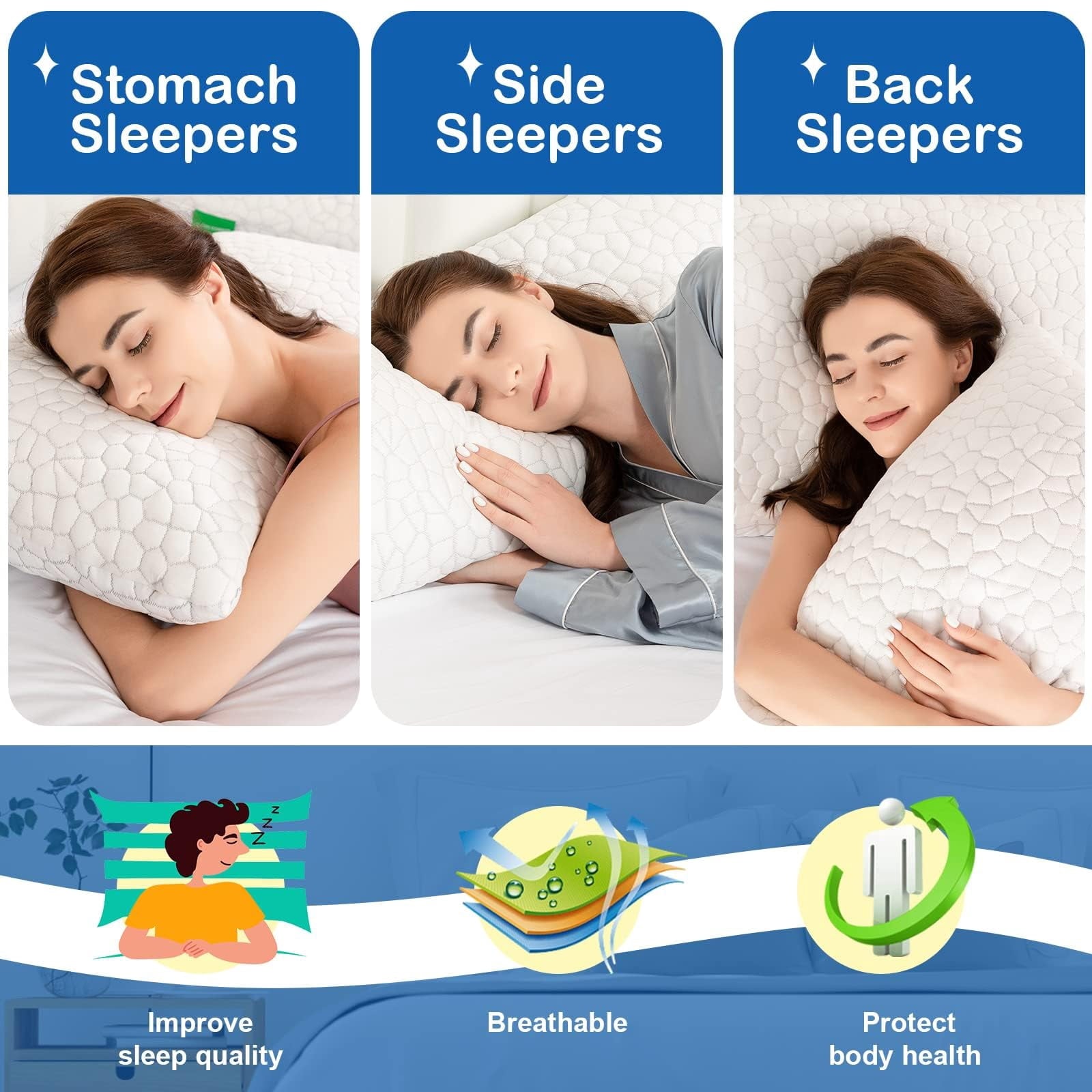 Orthopedic Support Cooling Bed Pillows Queen Size Set of 2, Shredded Memory Foam Pillows for Sleeping 2 Pack, Adjustable Soft Firm Pillo... - Ergonomic Memory Foam Pillow for Neck Pain Support Detail