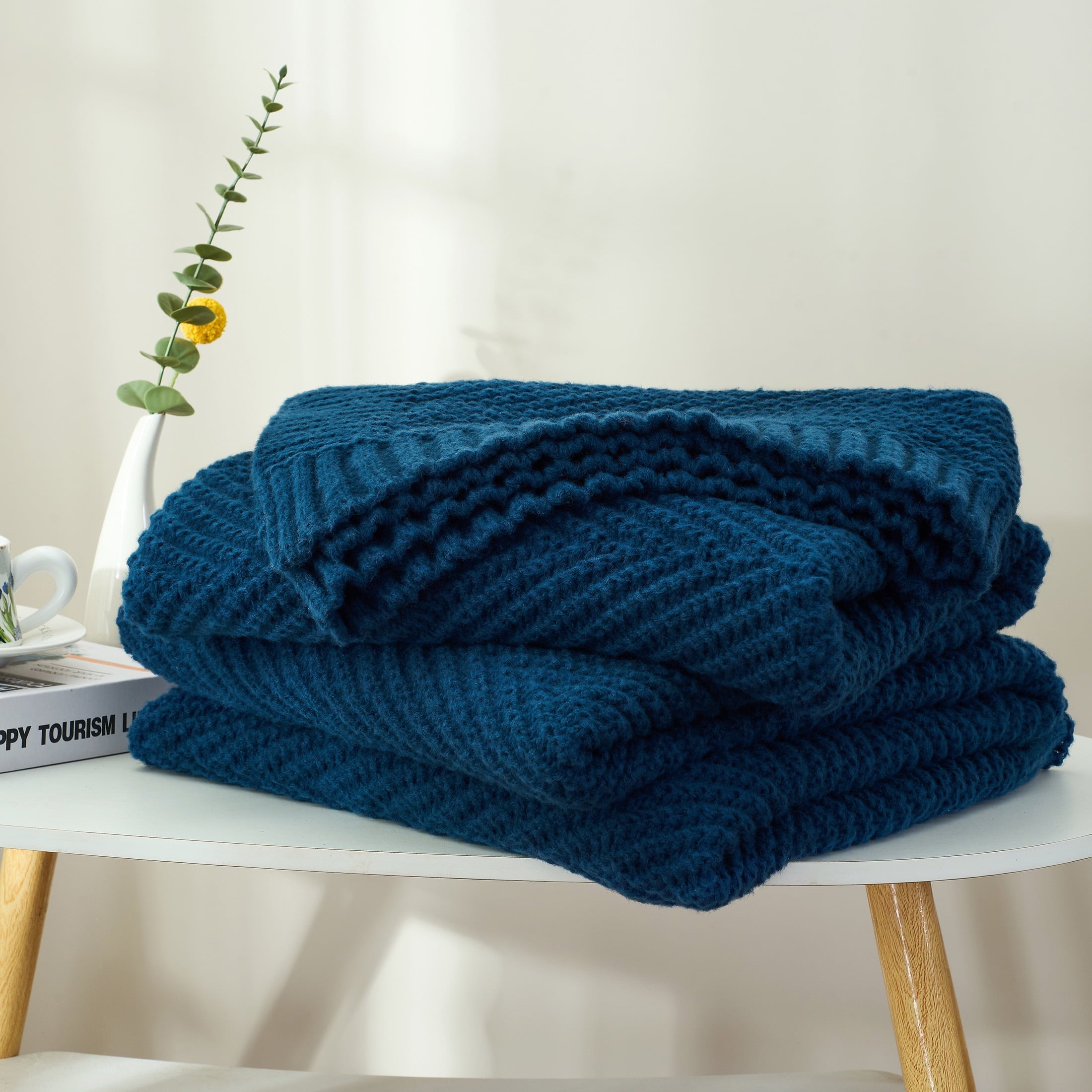 Reversible Sherpa Soft Knitted Throw Blanket 50" x 60" Navy Blue, Boho Chevron Farmhouse Throw for Bed Couch - Luxury Knitted Decorative Throw Blanket with Fringes Detail