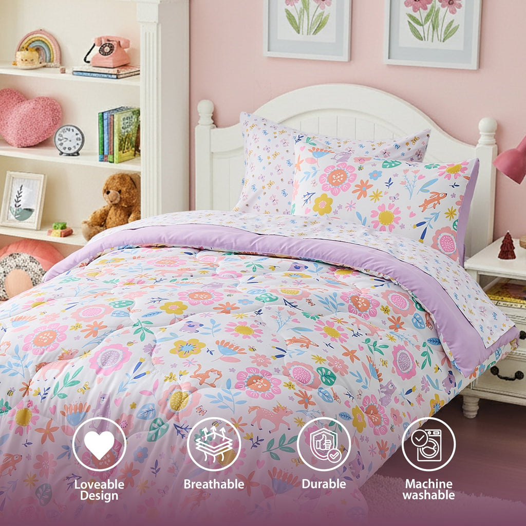 Luxurious Quilted Floral Comforter Set, Soft Microfiber Flower Bedding Set, 5 Pieces with Comforter, Sheets and Pillowcases, Twin - Hypoallergenic Ultra-Fluffy Quilt for Winter Detail