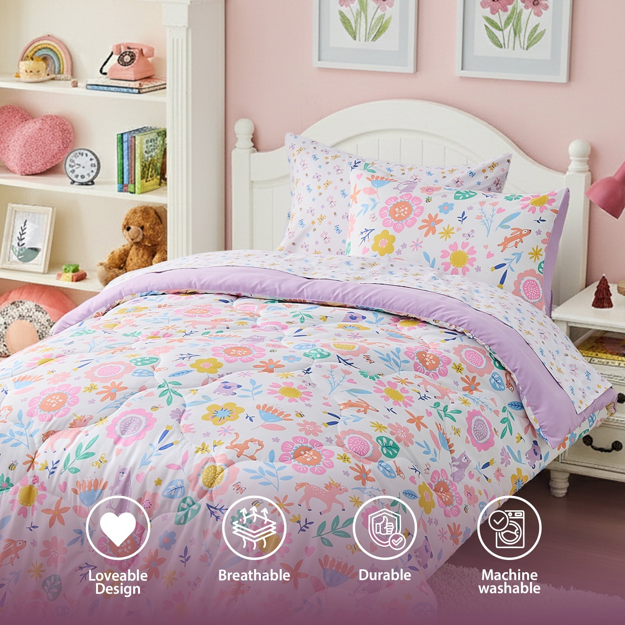 Luxurious Quilted Floral Comforter Set, Soft Microfiber Flower Bedding Set, 5 Pieces with Comforter, Sheets and Pillowcases, Twin - Hypoallergenic Ultra-Fluffy Quilt for Winter Detail